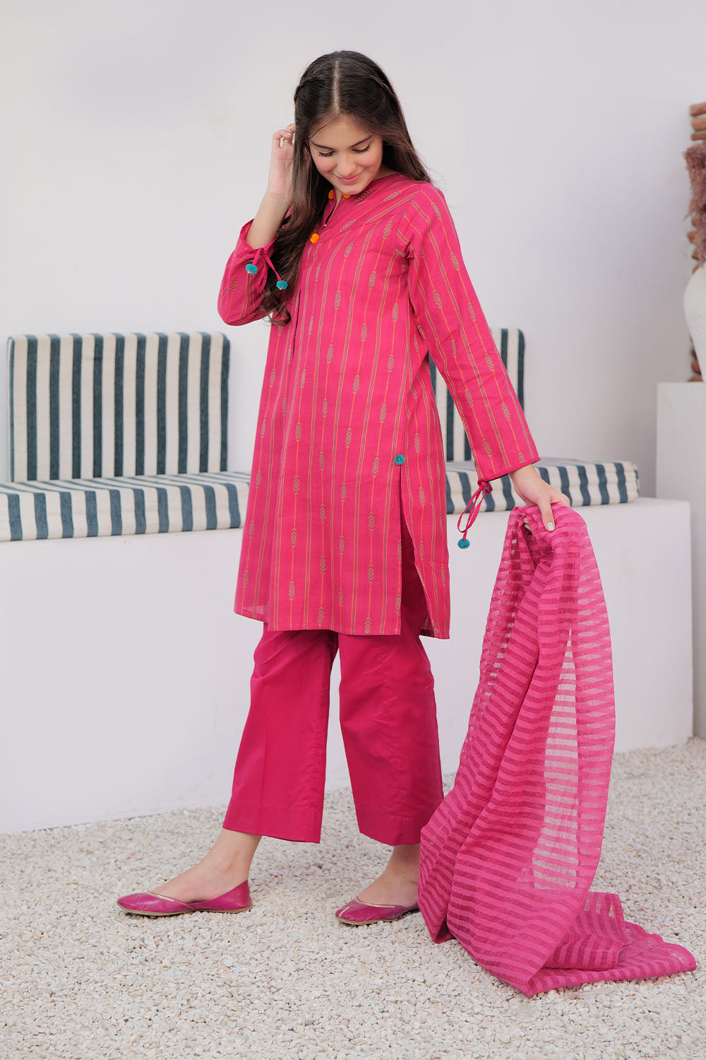 GAD-02989 | Shocking Pink & Multicolor | Casual 3 Piece Suit | Cotton Yarn dyed Jacquard