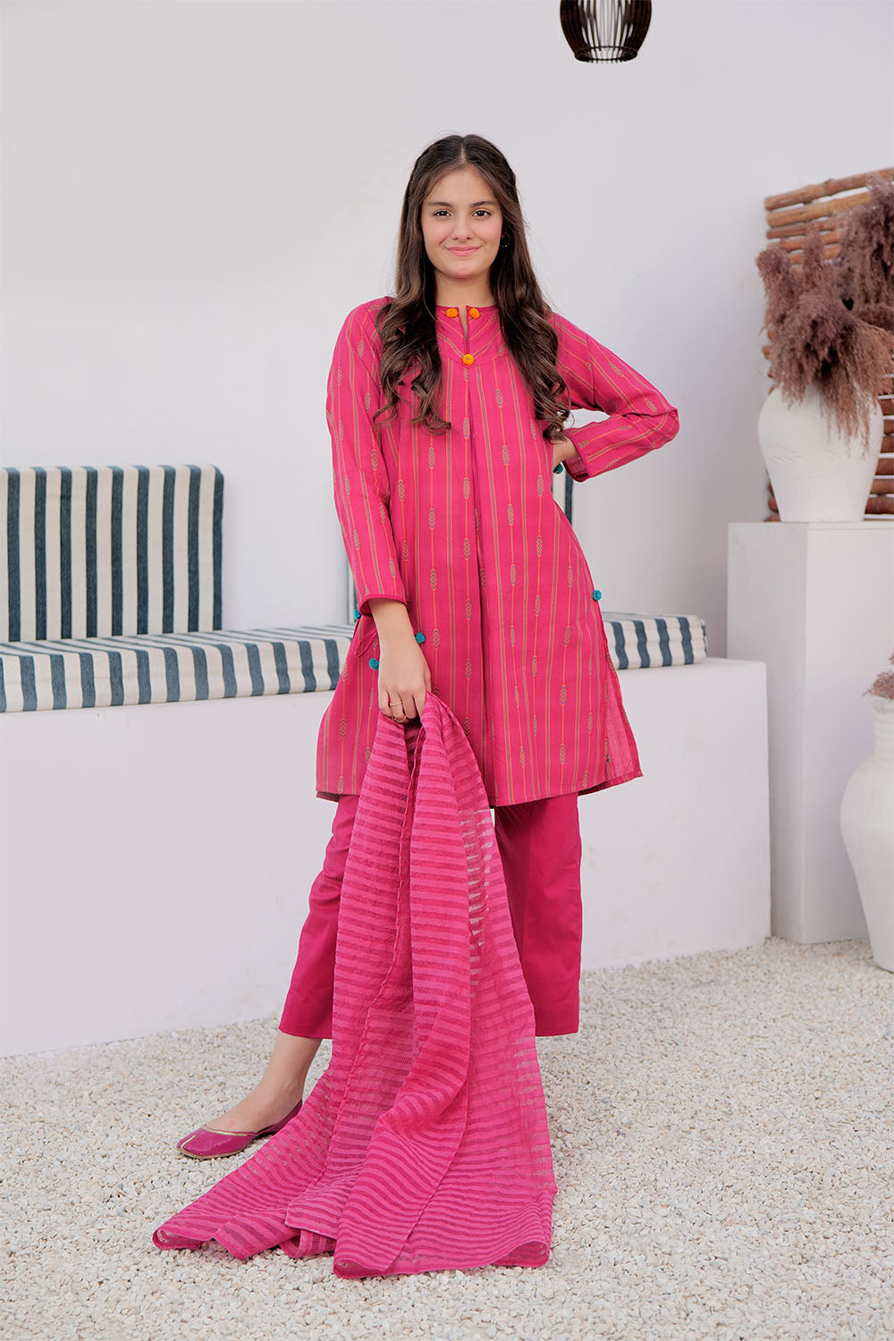 GAD-02989 | Shocking Pink & Multicolor | Casual 3 Piece Suit | Cotton Yarn dyed Jacquard