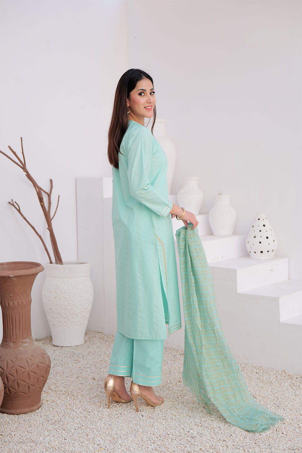 LBD-02971 | Light Sea Green & Gold | Casual Plus 3 Piece Suit | Cotton Dobby
