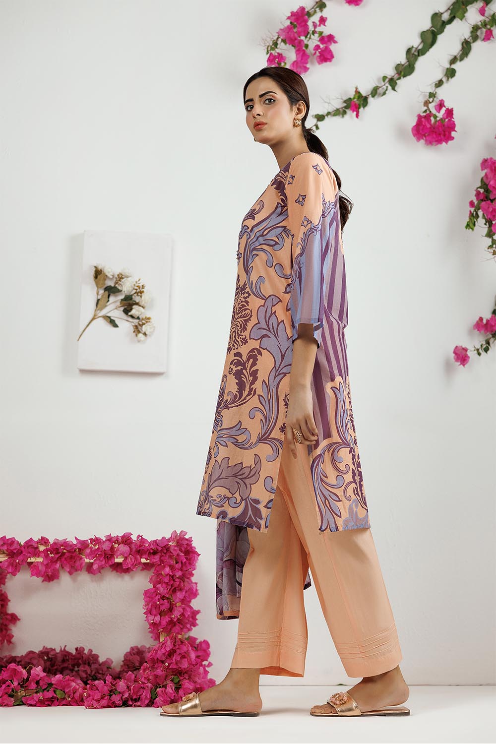 LAD-03100 | Peach & Multicolor | Casual 3 Piece Suit | Cotton Lawn Printed