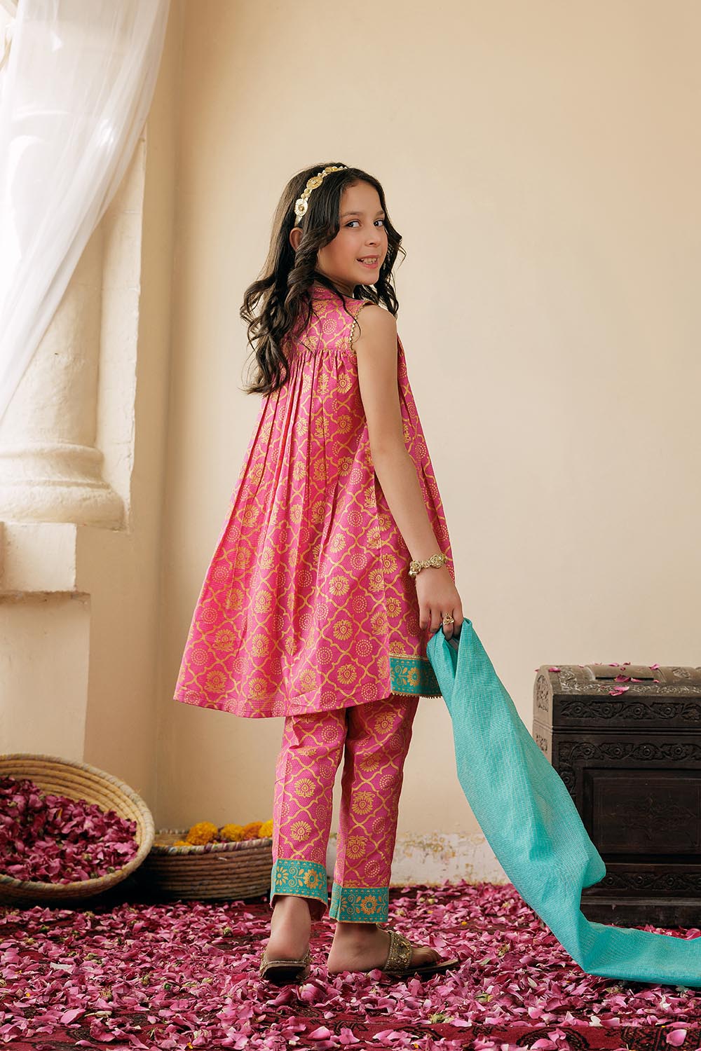 KBD-02978 | Shocking Pink & Gold | Casual Plus 3 Piece Suit | Cotton Dobby Gold Print