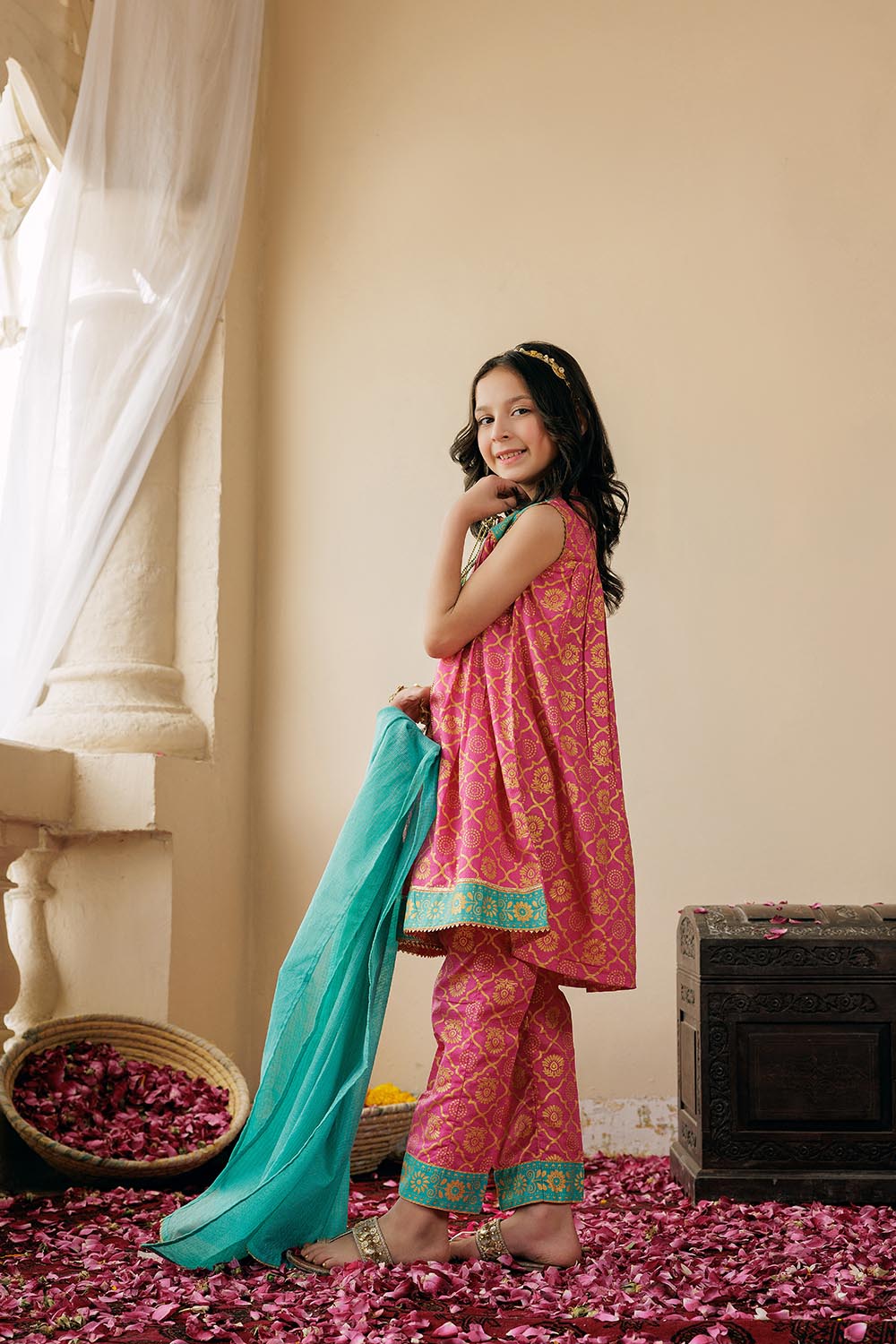 KBD-02978 | Shocking Pink & Gold | Casual Plus 3 Piece Suit | Cotton Dobby Gold Print