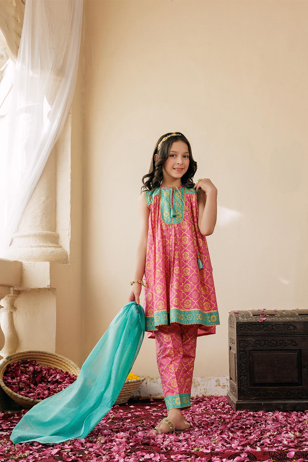 KBD-02978 | Shocking Pink & Gold | Casual Plus 3 Piece Suit | Cotton Dobby Gold Print