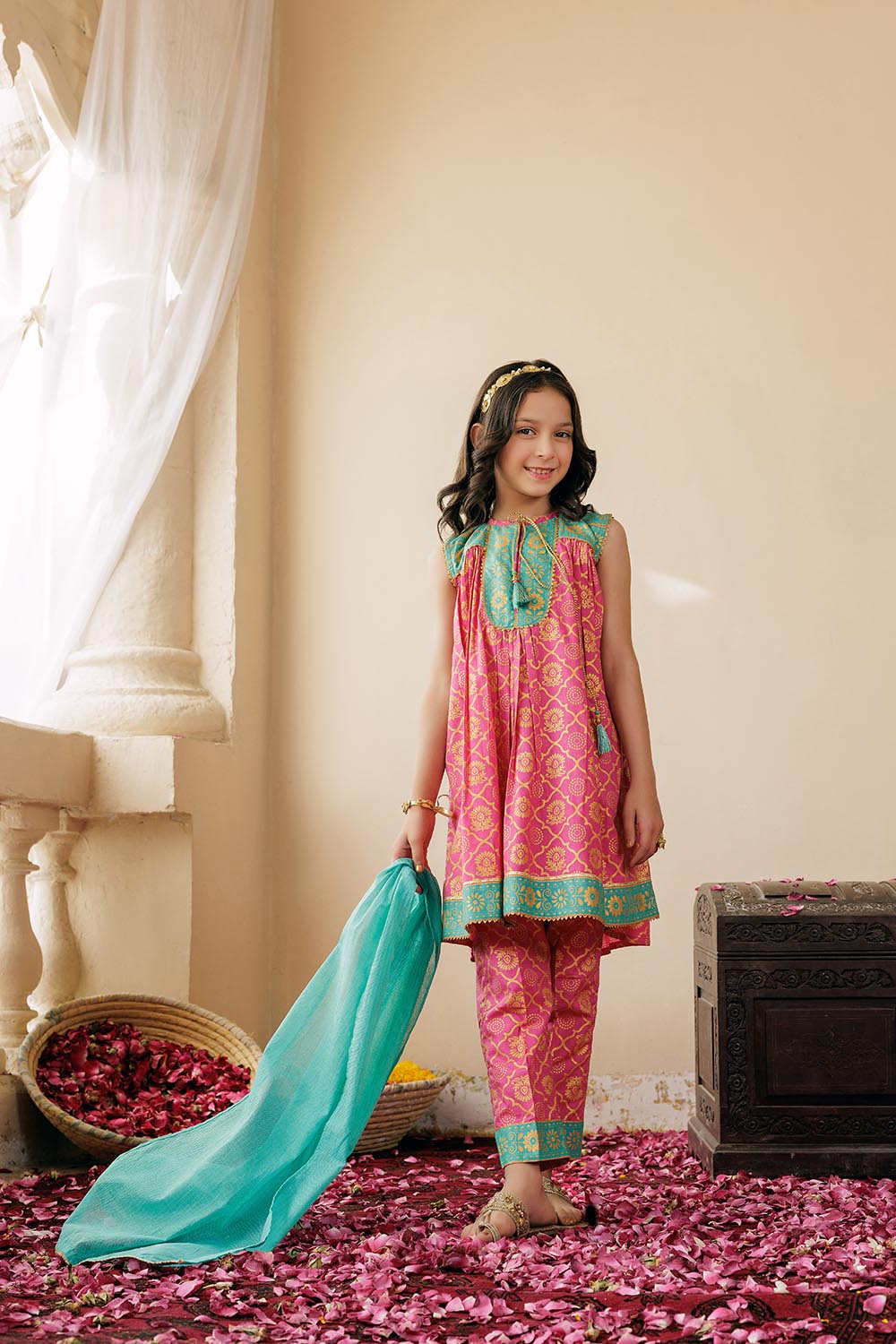 KBD-02978 | Shocking Pink & Gold | Casual Plus 3 Piece Suit | Cotton Dobby Gold Print