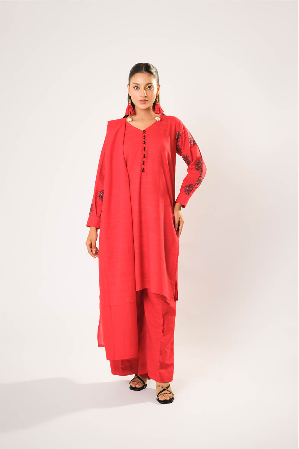 Women winter clothes | Red | Casual 3 Piece Suit | Cotton Khaddar Plain | LAD-03203