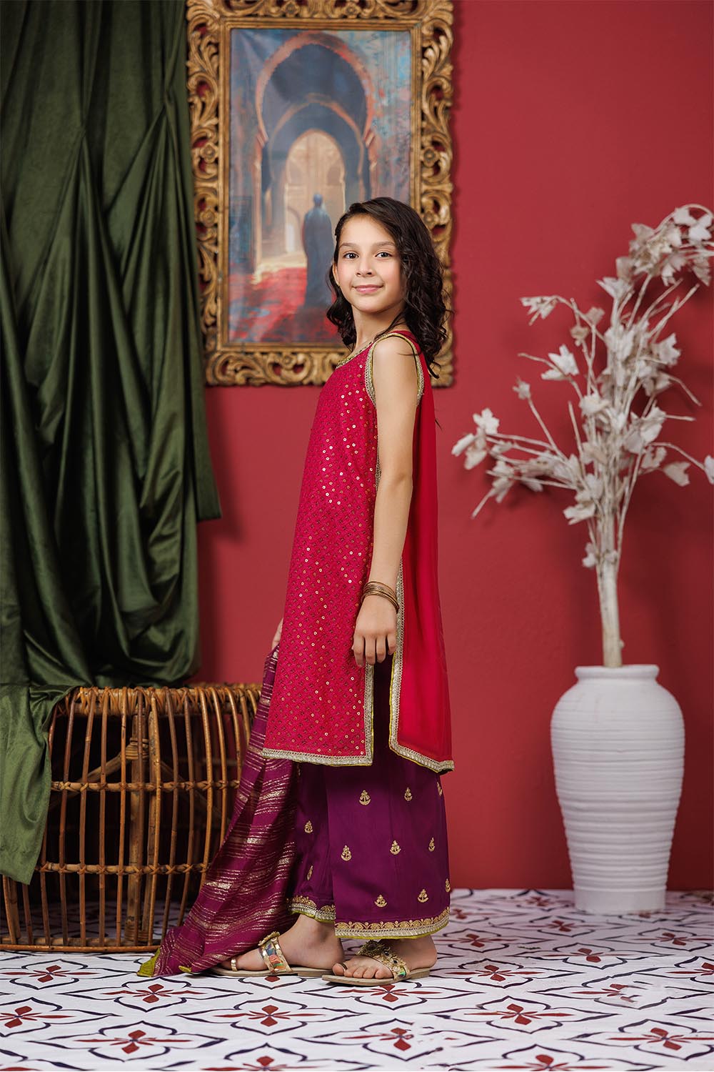 KDD-03050 | Shocking Pink & Pruple | Formal 3 Piece Suit | Viscose Crinkle Chiffon