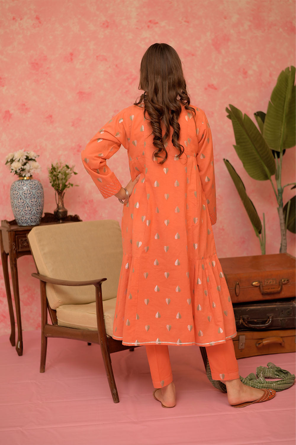 GBD-02962 | Orange & Multicolor | Casual Plus 3 Piece Suit | Cotton Jacquard
