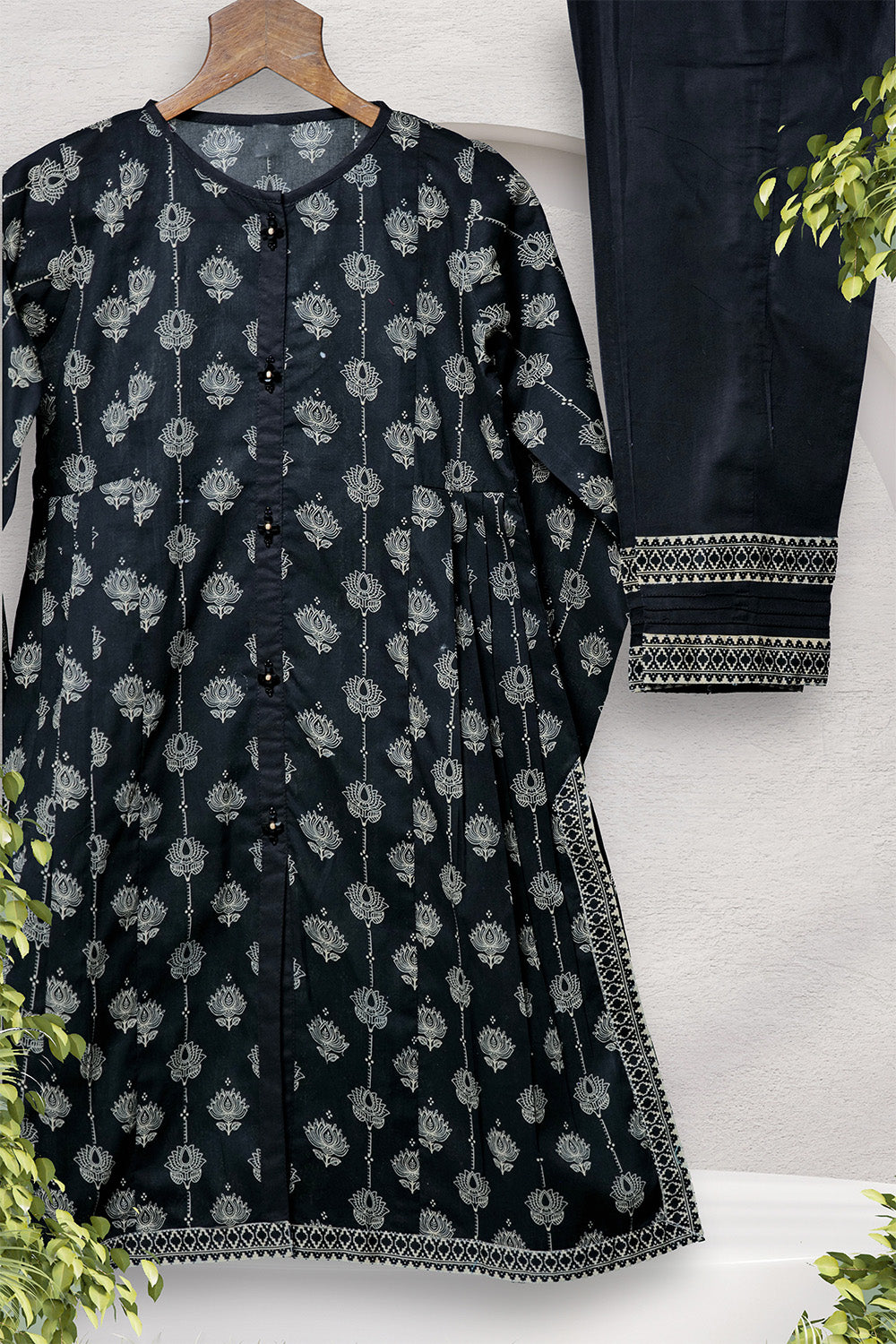 GAD-02699 | Black & Fawn | Casual 3 Piece Suit   | Cotton Lawn Printed