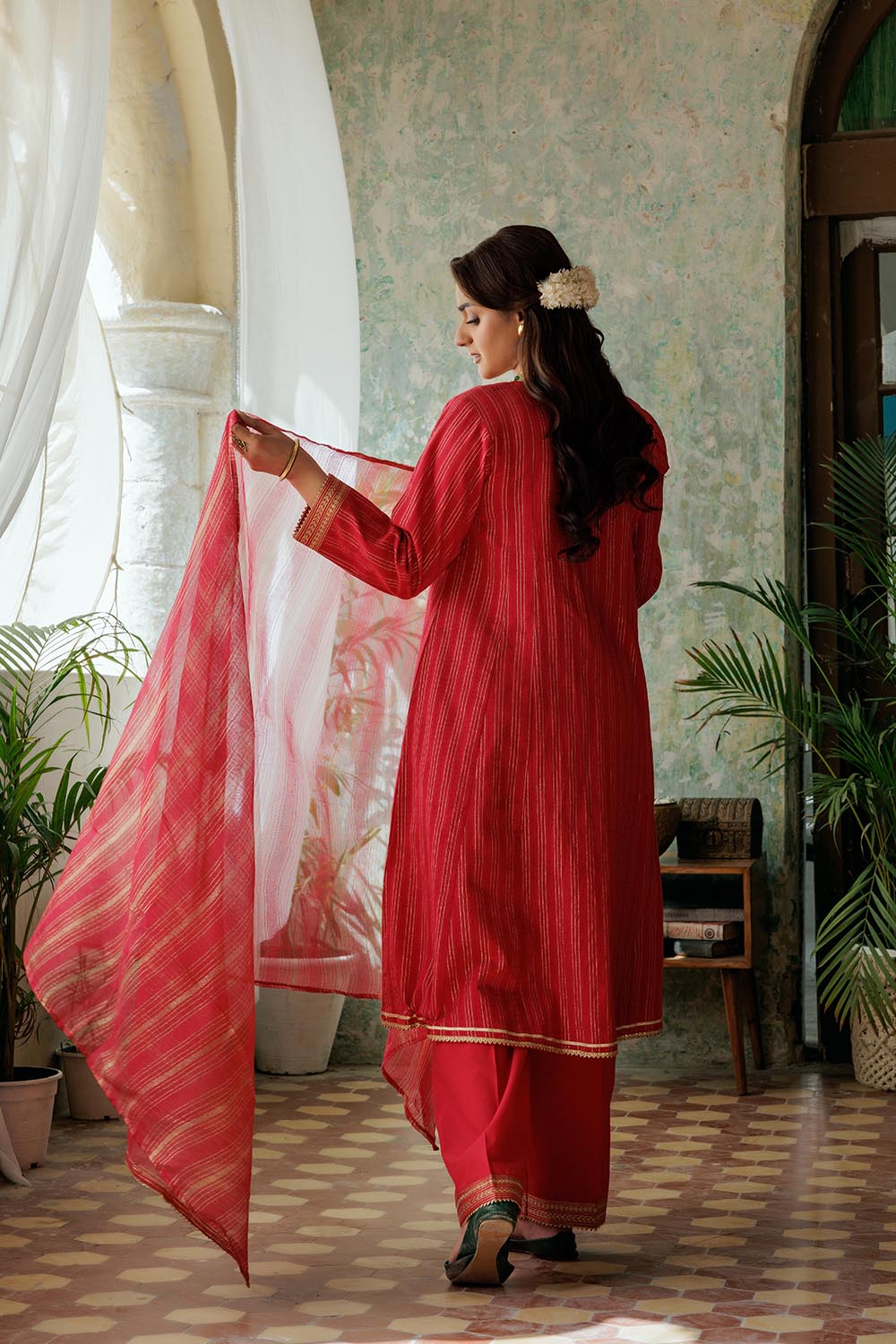LBD-02974 | Red & Gold | Casual Plus 3 Piece Suit | Cotton Dobby
