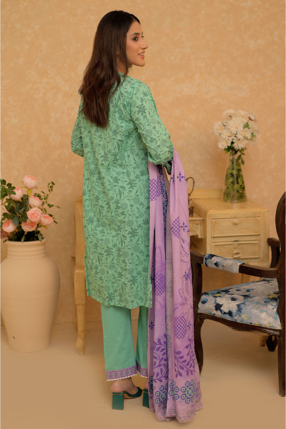LAD-02731 | Sea Green & Multicolor | Casual 3 Piece Suit | Cotton Lawn Printed