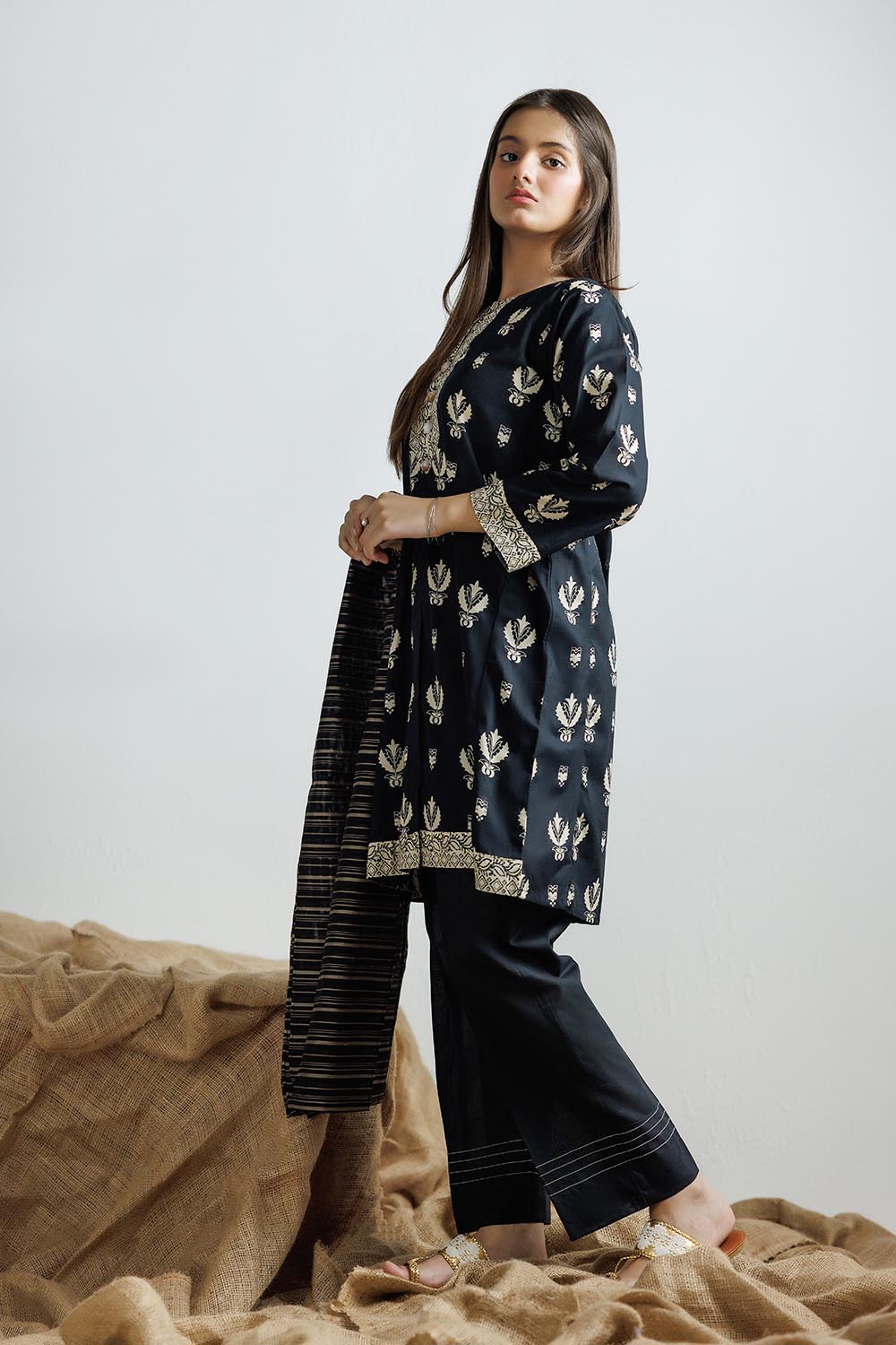 GAD-03160 | Black & Fawn | Casual 3 Piece Suit | Cotton Lawn Printed