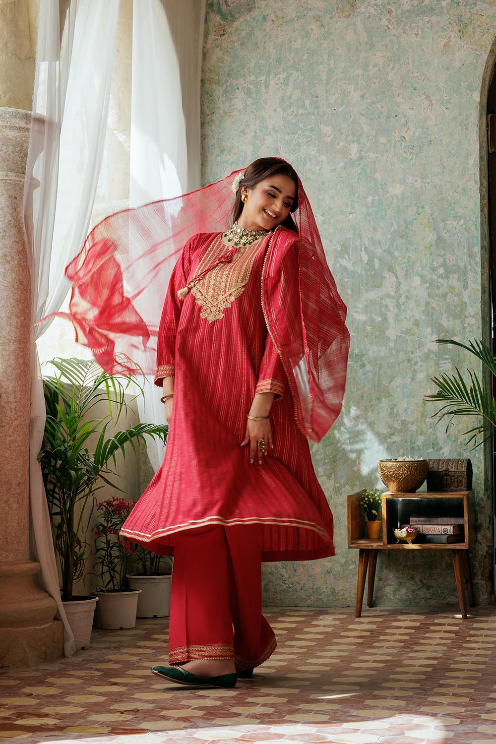 LBD-02974 | Red & Gold | Casual Plus 3 Piece Suit | Cotton Dobby