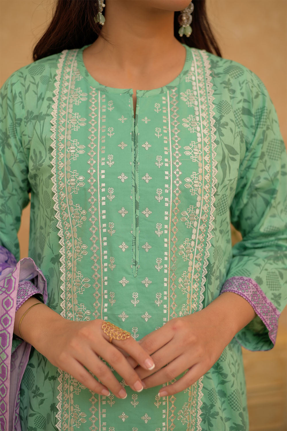 LAD-02731 | Sea Green & Multicolor | Casual 3 Piece Suit | Cotton Lawn Printed