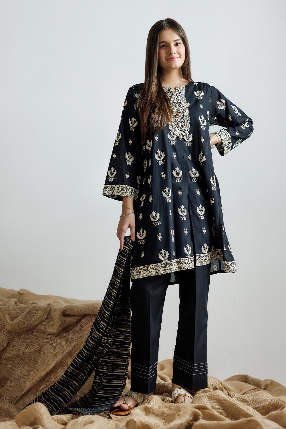 GAD-03160 | Black & Fawn | Casual 3 Piece Suit | Cotton Lawn Printed