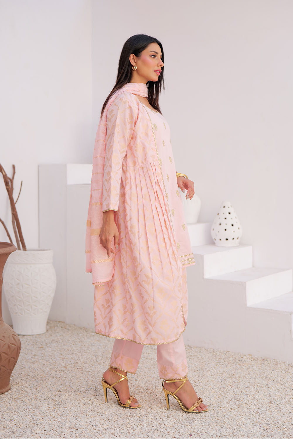 LBD-02906 | Pink & Gold | Casual Plus 3 Piece Suit | Cotton Jacquard