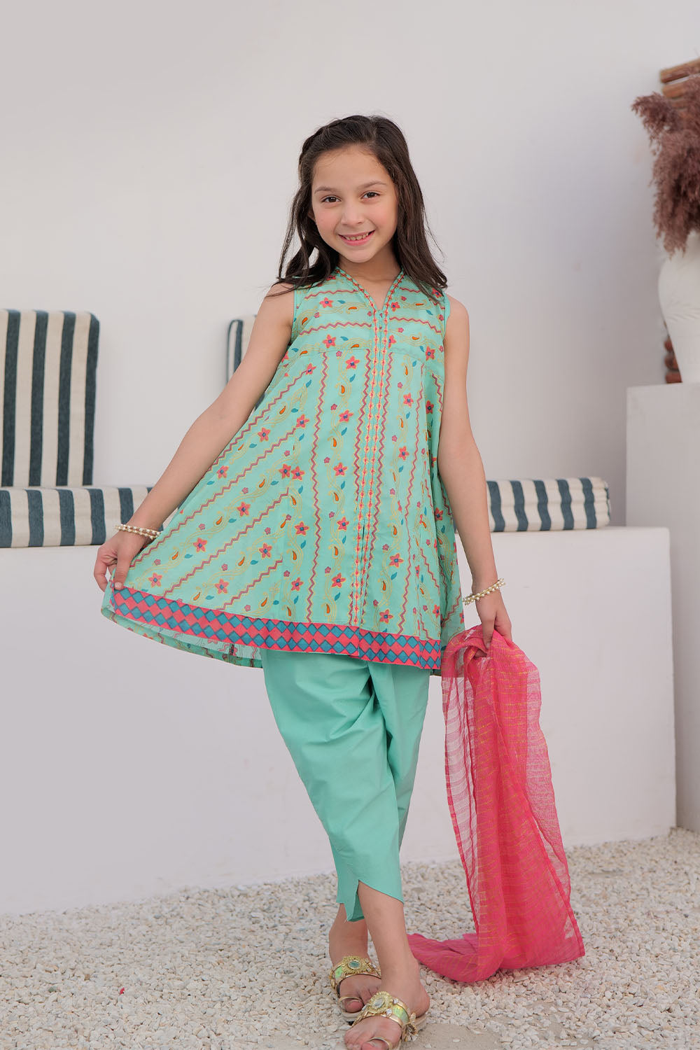 KBD-03024 | Sea Green & Multicolor | Casual Plus 3 Piece Suit | Cotton Gold Printed