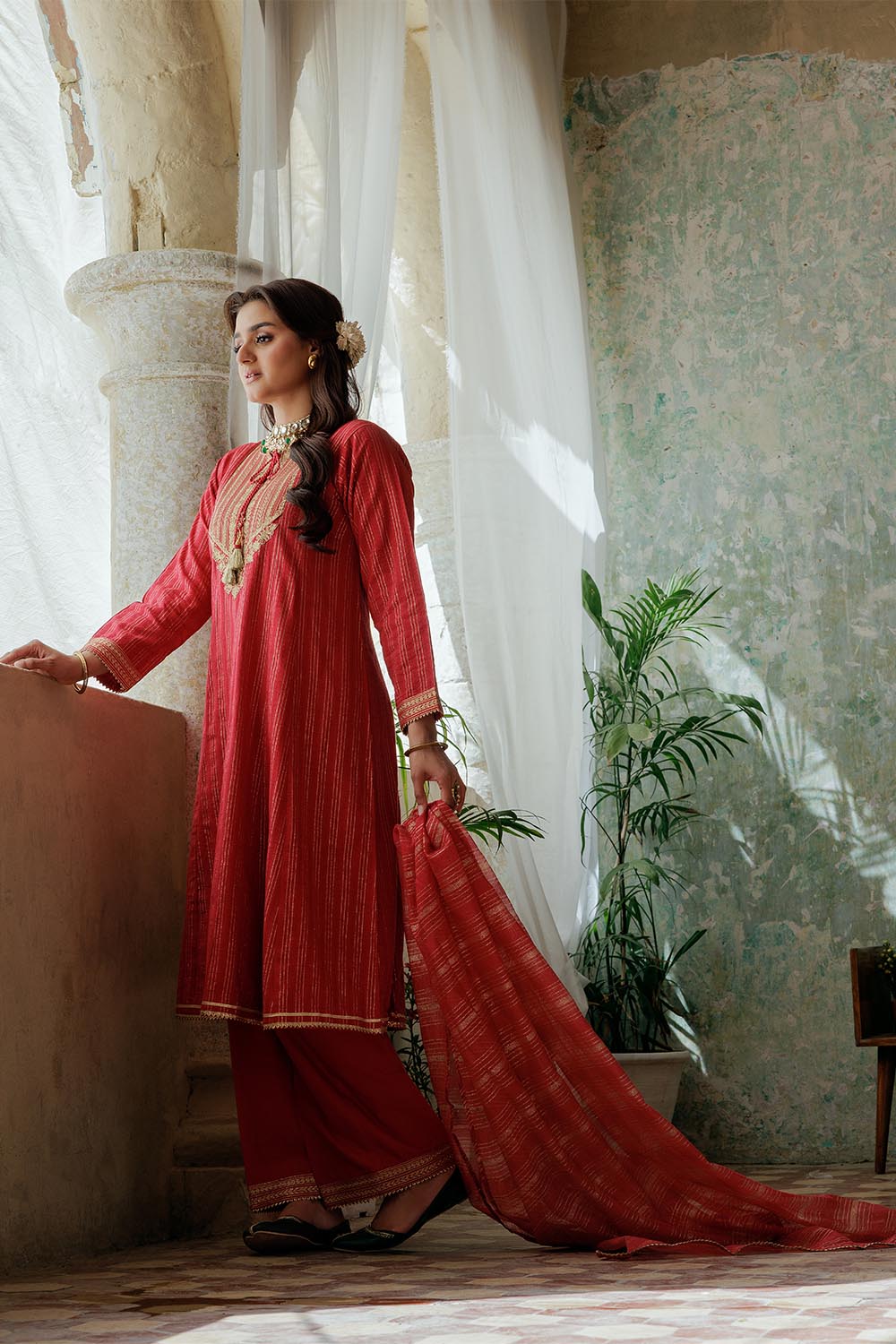 LBD-02974 | Red & Gold | Casual Plus 3 Piece Suit | Cotton Dobby