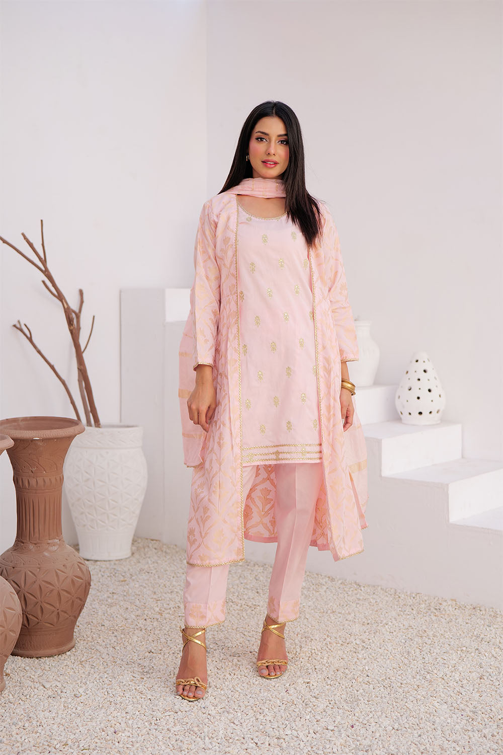 LBD-02906 | Pink & Gold | Casual Plus 3 Piece Suit | Cotton Jacquard