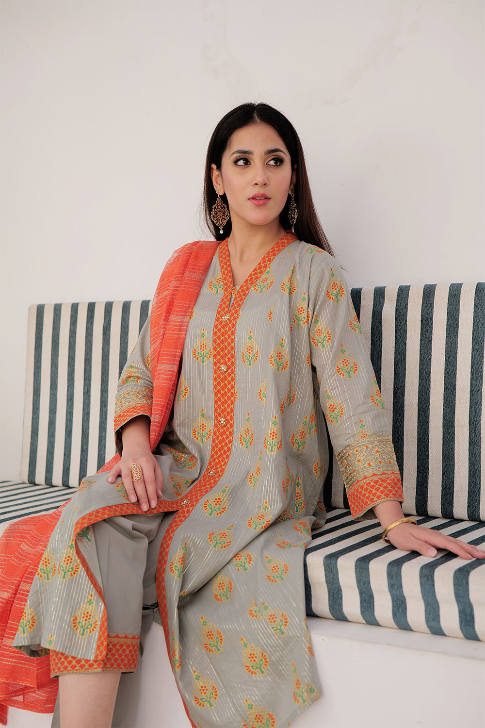 LBD-03036 | Grey & Multicolor | Casual Plus 3 Piece Suit | Cotton Dye Over Gold  Printed