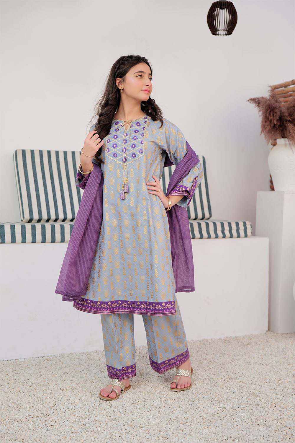 GBD-02981 | Grey & Gold | Casual Plus 3 Piece Suit | Cotton Dobby Gold Print
