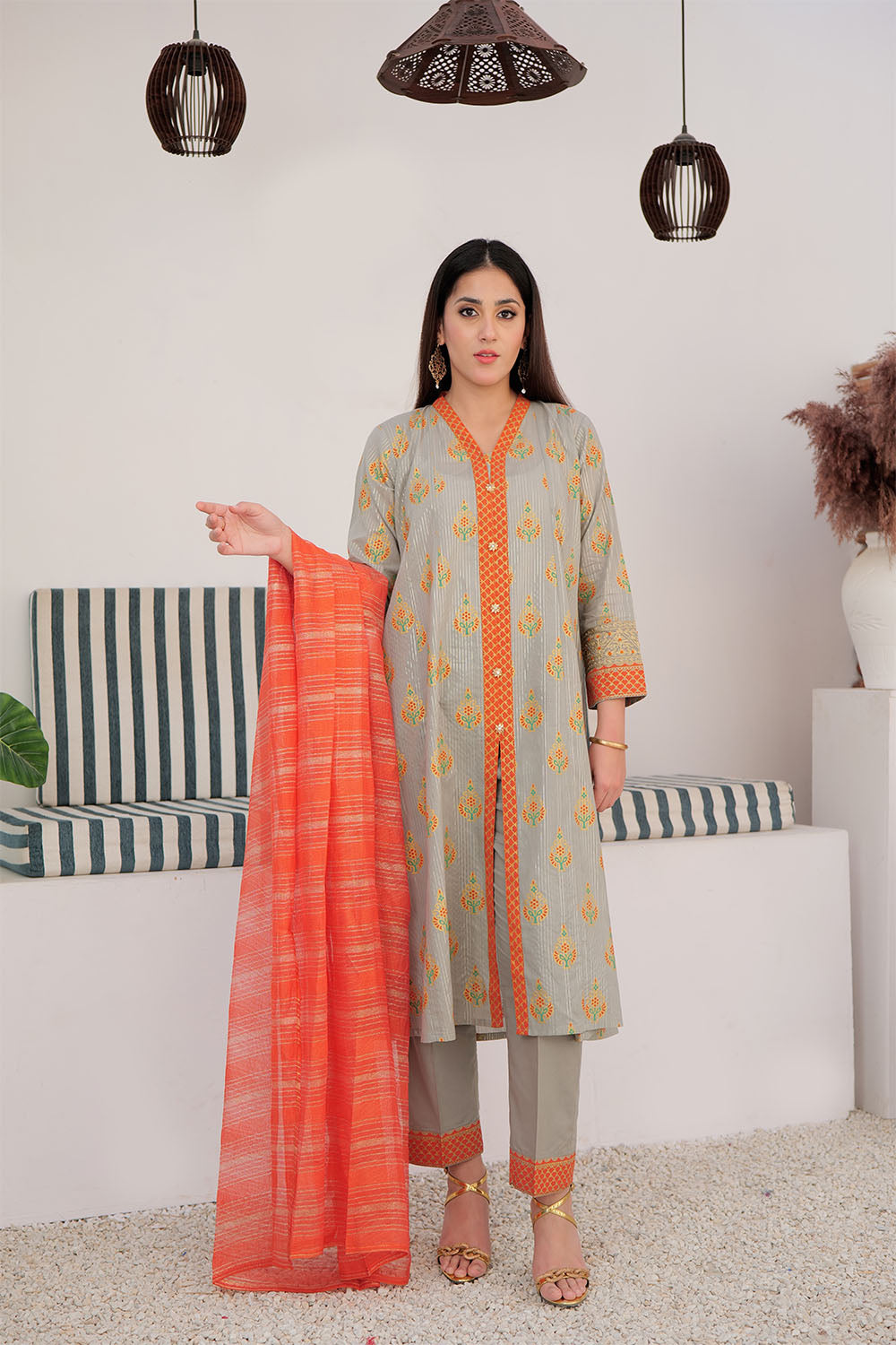 LBD-03036 | Grey & Multicolor | Casual Plus 3 Piece Suit | Cotton Dye Over Gold  Printed