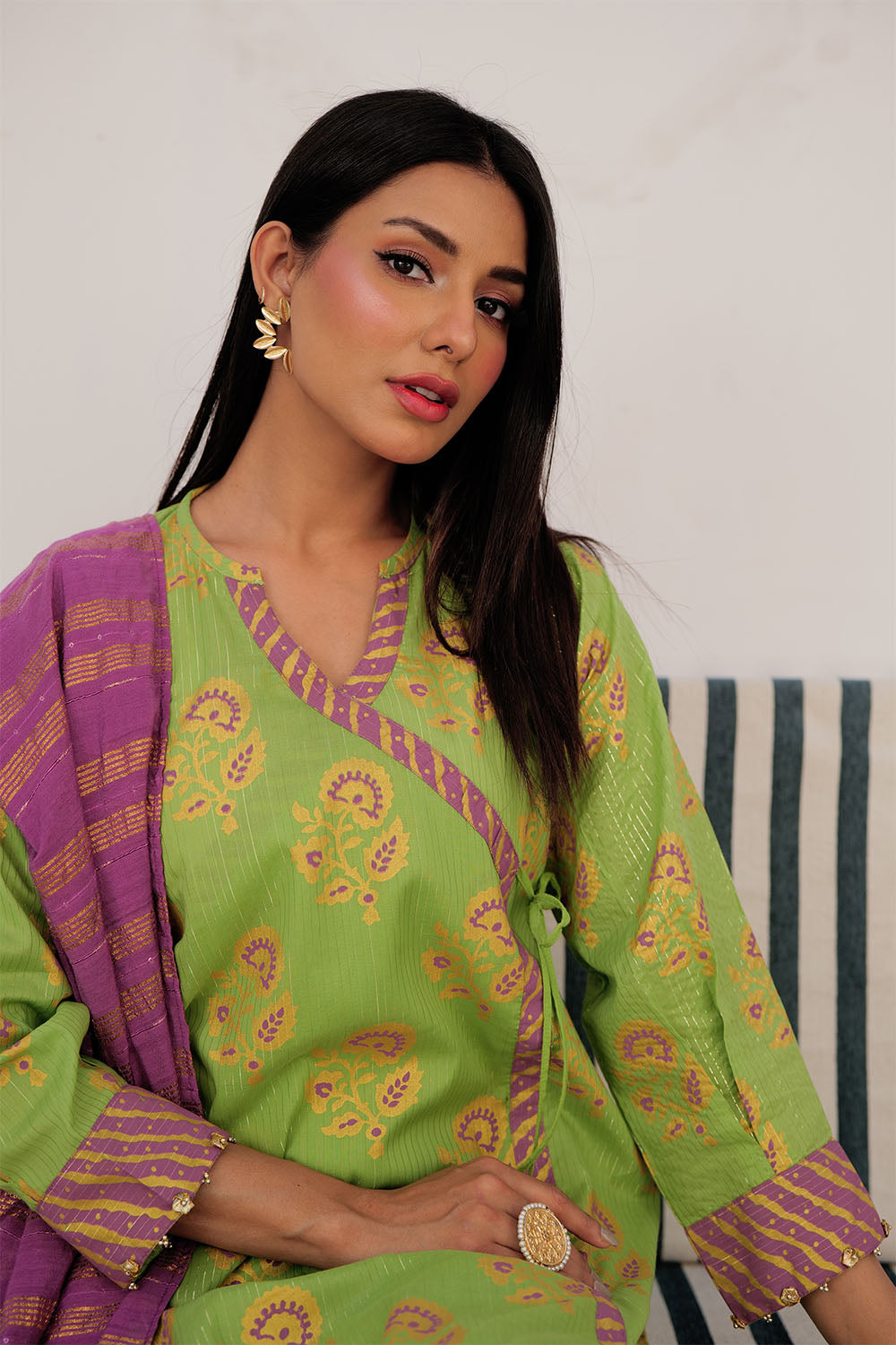 LBD-03021 | Parrot Green & Multicolor | Casual Plus 3 Piece Suit | Cotton Dye over Gold Print