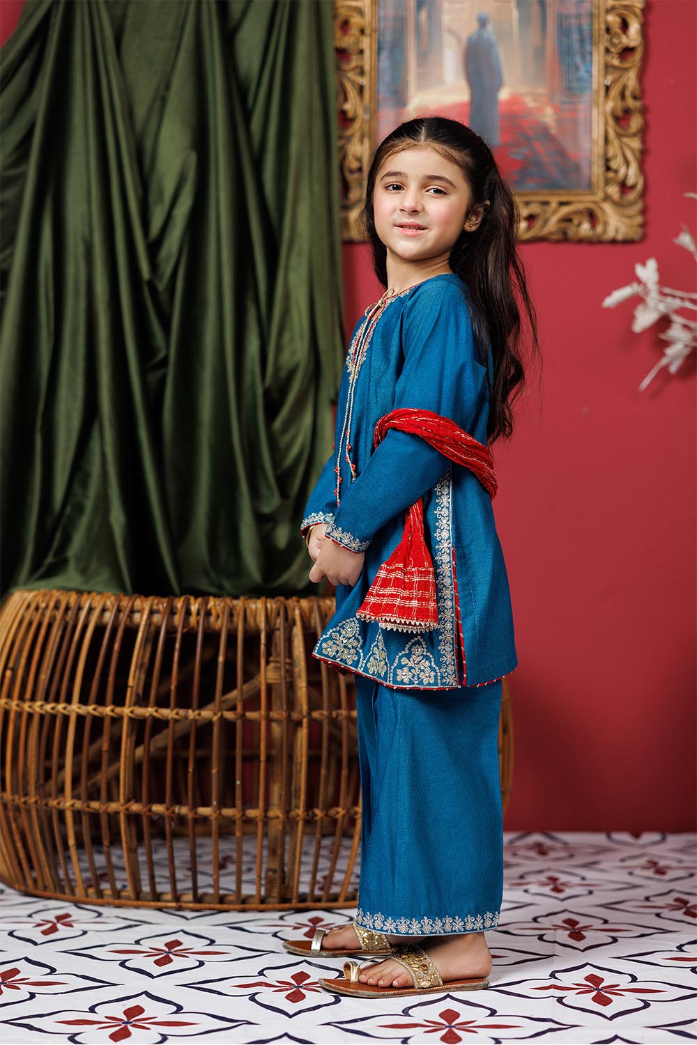 KDD-03071 | Turquoise Blue & Golden | Formal 3 Piece Suit | Viscose Chambray Katan
