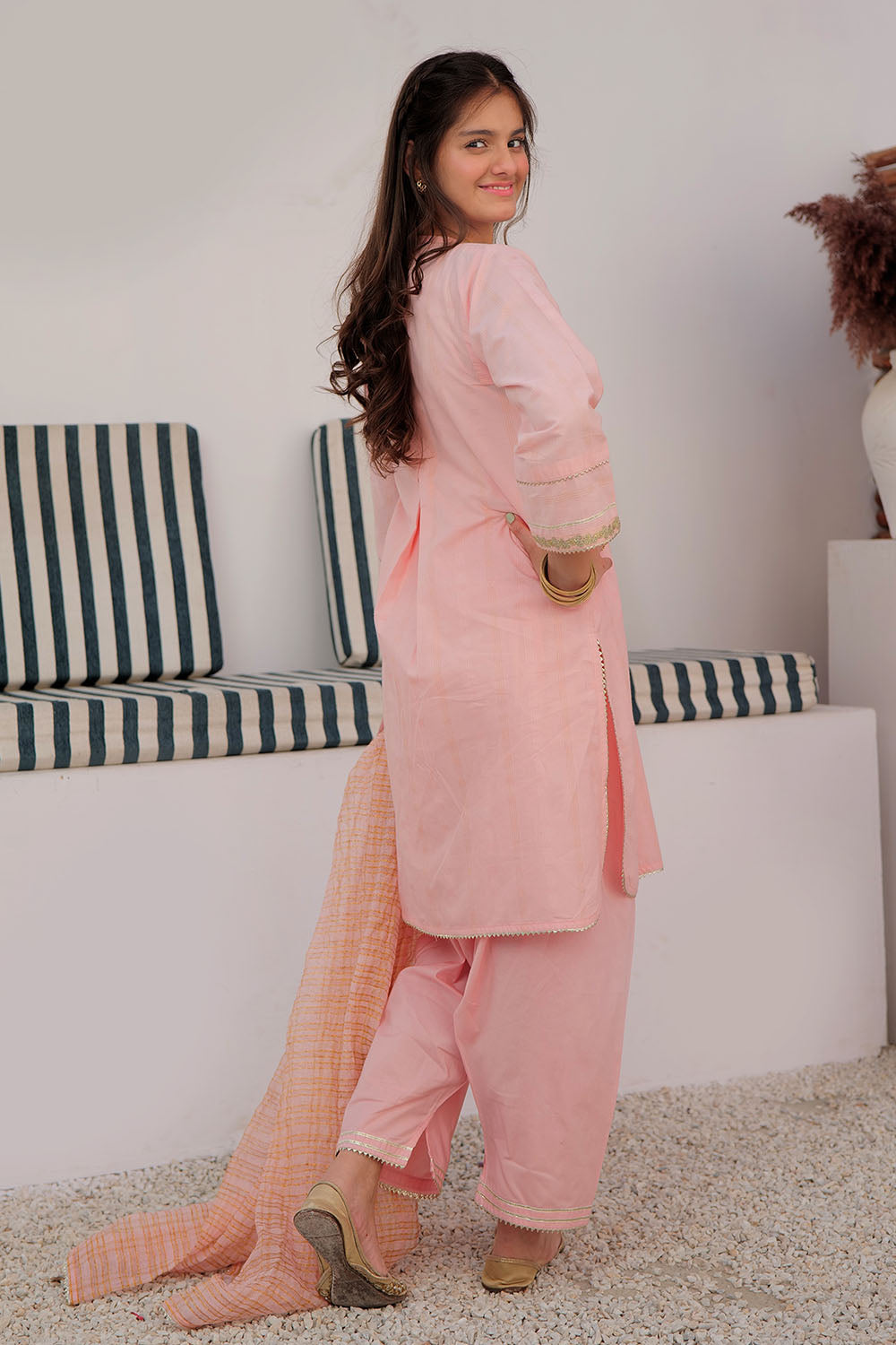 GBD-02976 | Peach & Gold | Casual Plus 3 Piece Suit | Cotton Dobby