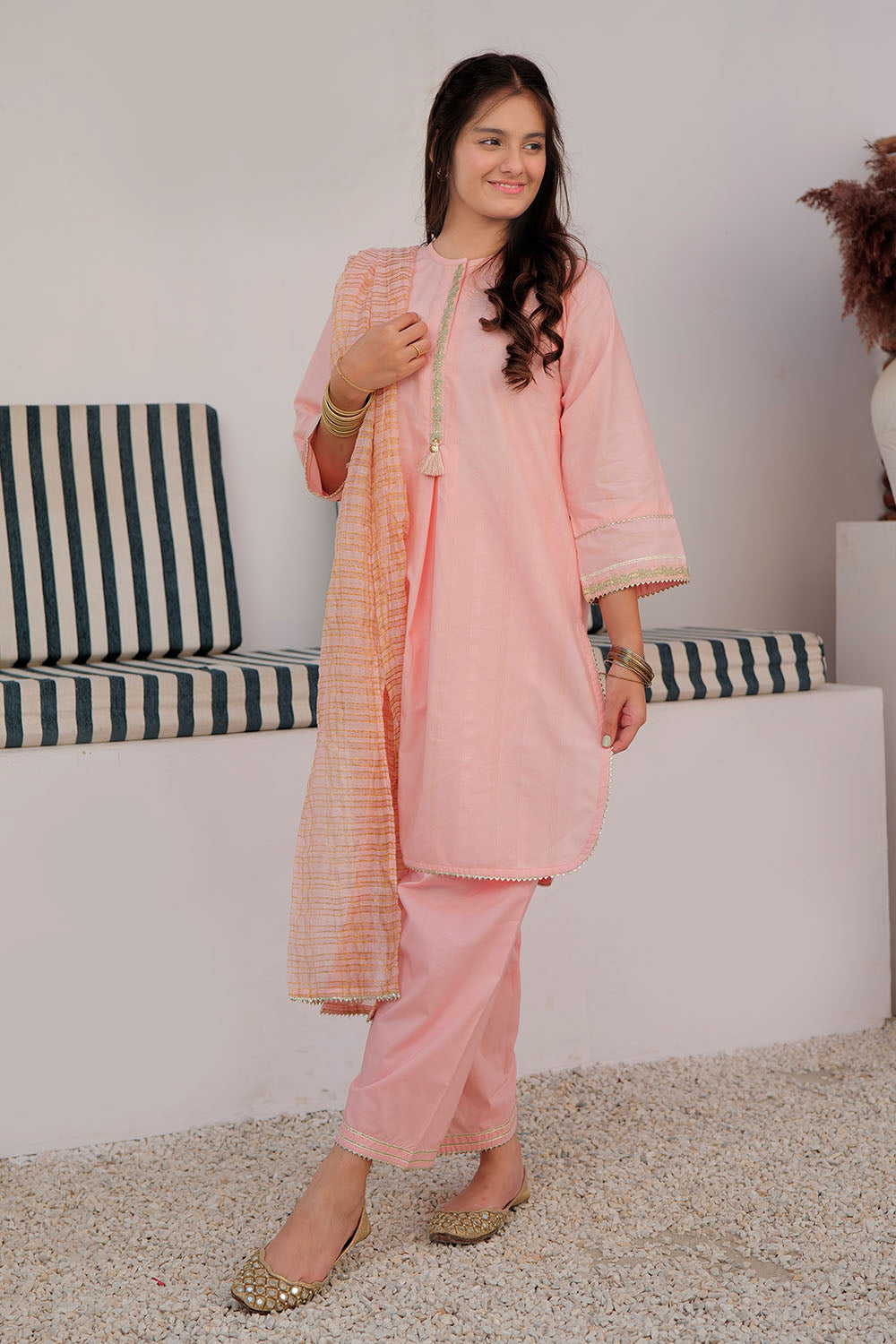 GBD-02976 | Peach & Gold | Casual Plus 3 Piece Suit | Cotton Dobby