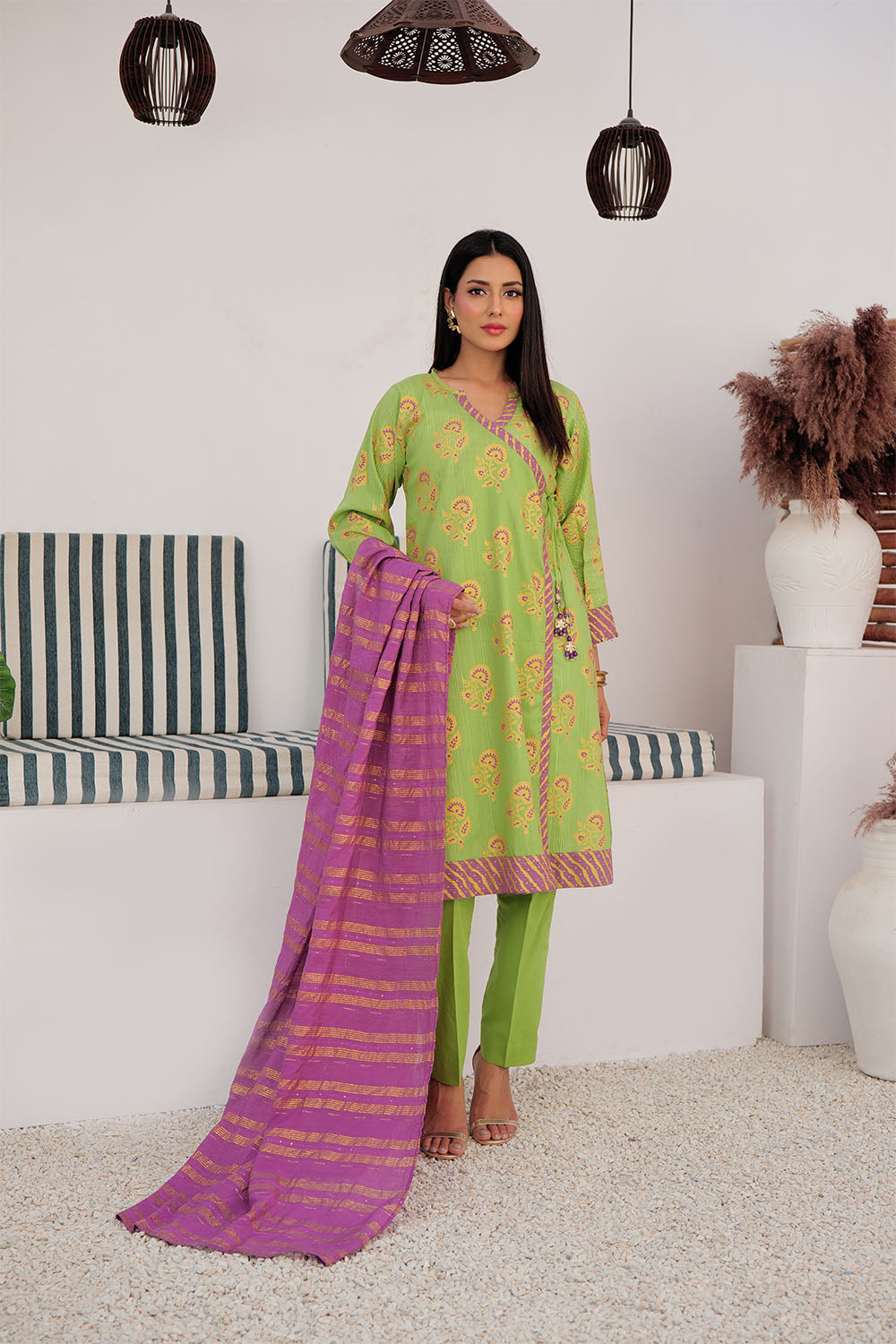 LBD-03021 | Parrot Green & Multicolor | Casual Plus 3 Piece Suit | Cotton Dye over Gold Print