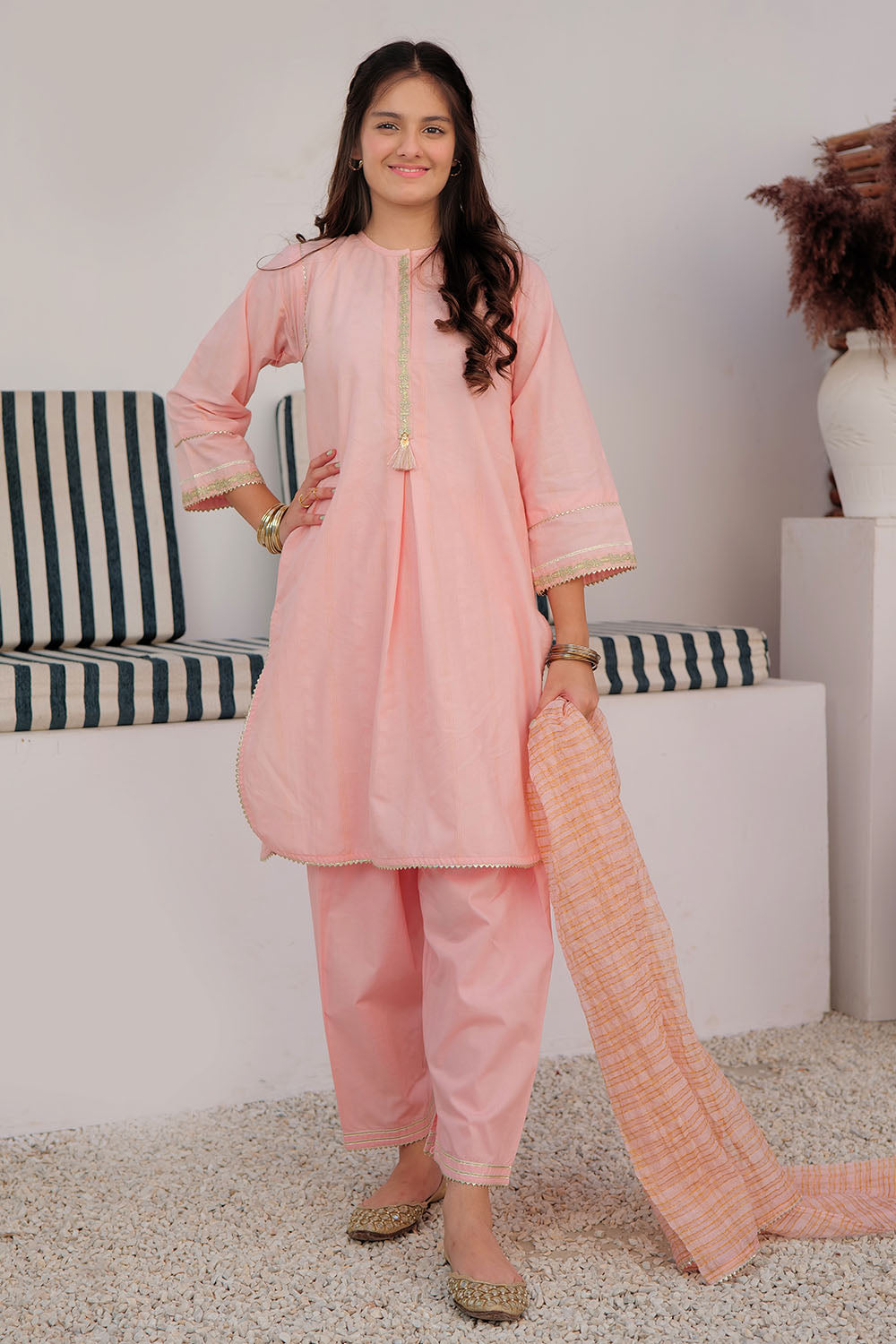 GBD-02976 | Peach & Gold | Casual Plus 3 Piece Suit | Cotton Dobby