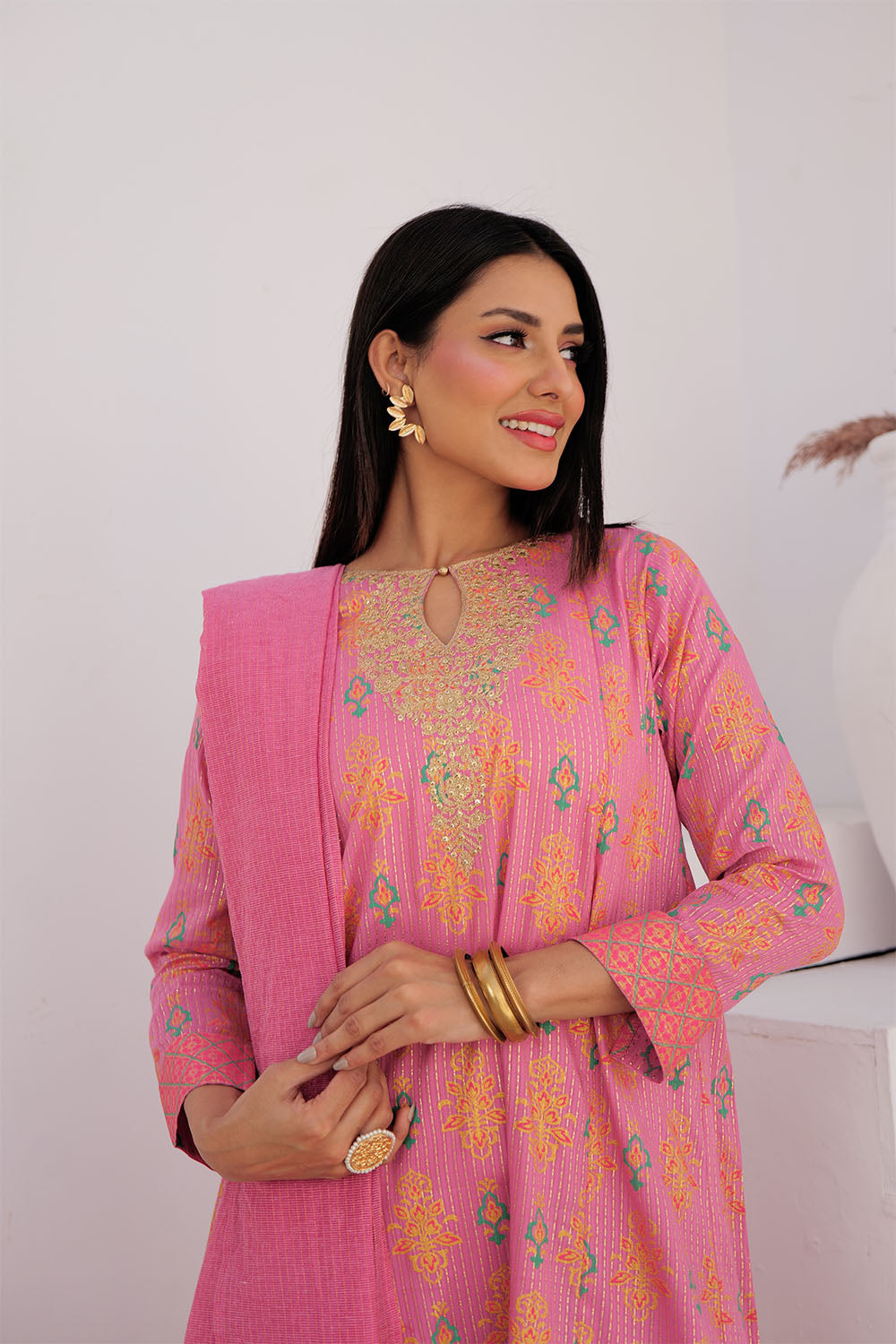 LBD-02991 | T.Pink & MultiColor | Casual Plus 3 Piece Suit | Cotton Dobby Dye over Gold Print