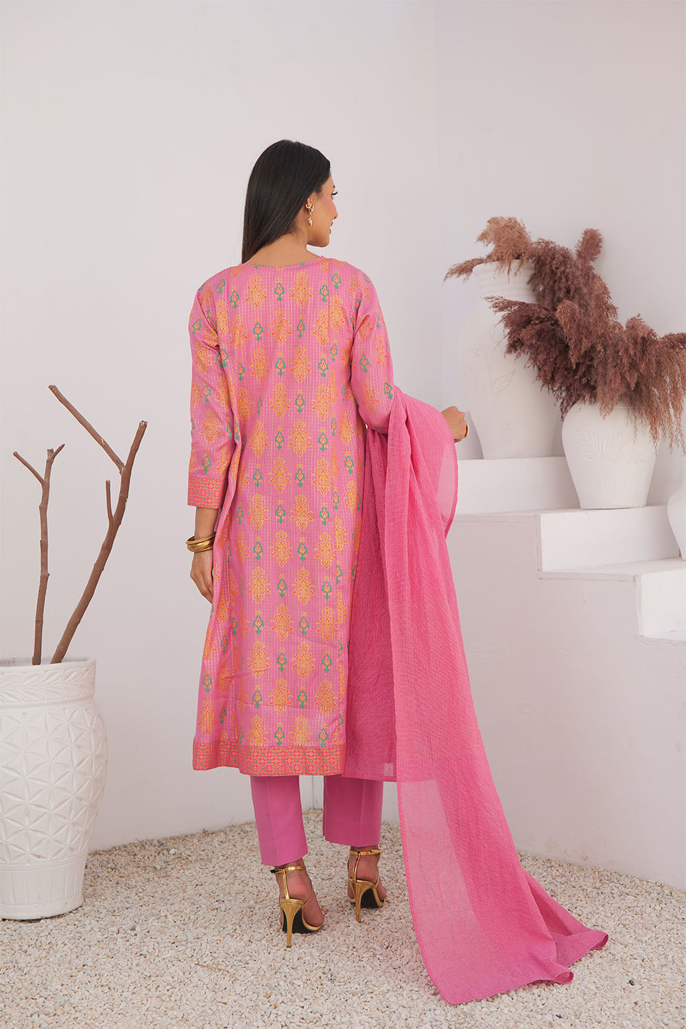 LBD-02991 | T.Pink & MultiColor | Casual Plus 3 Piece Suit | Cotton Dobby Dye over Gold Print