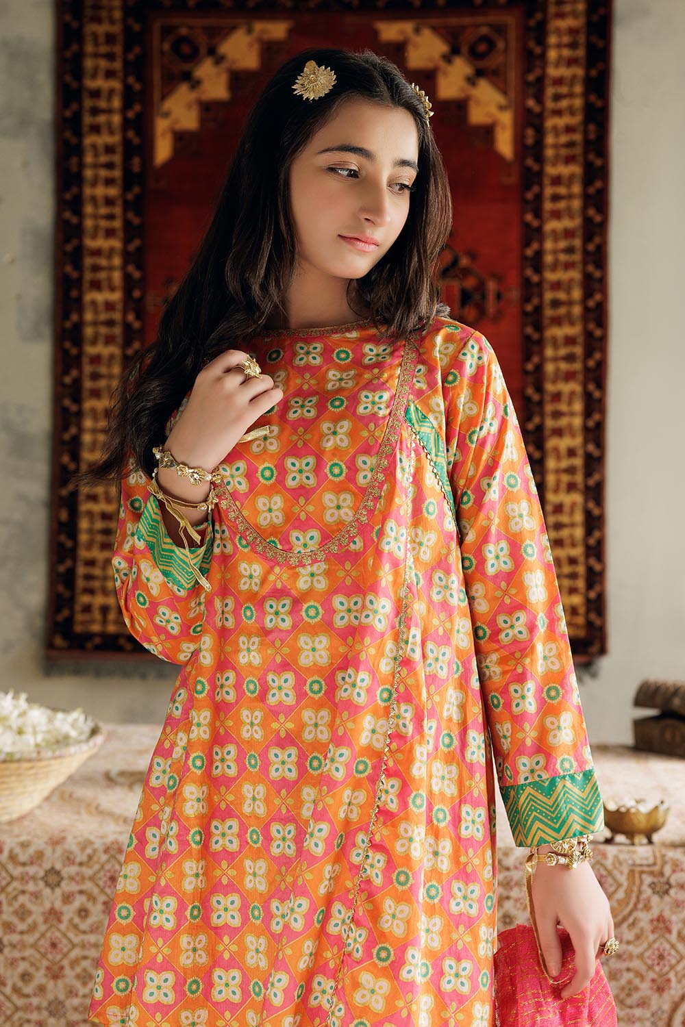 GBD-02983 | Multicolor & Gold | Casual Plus 3 Piece Suit | Cotton Gold Printed
