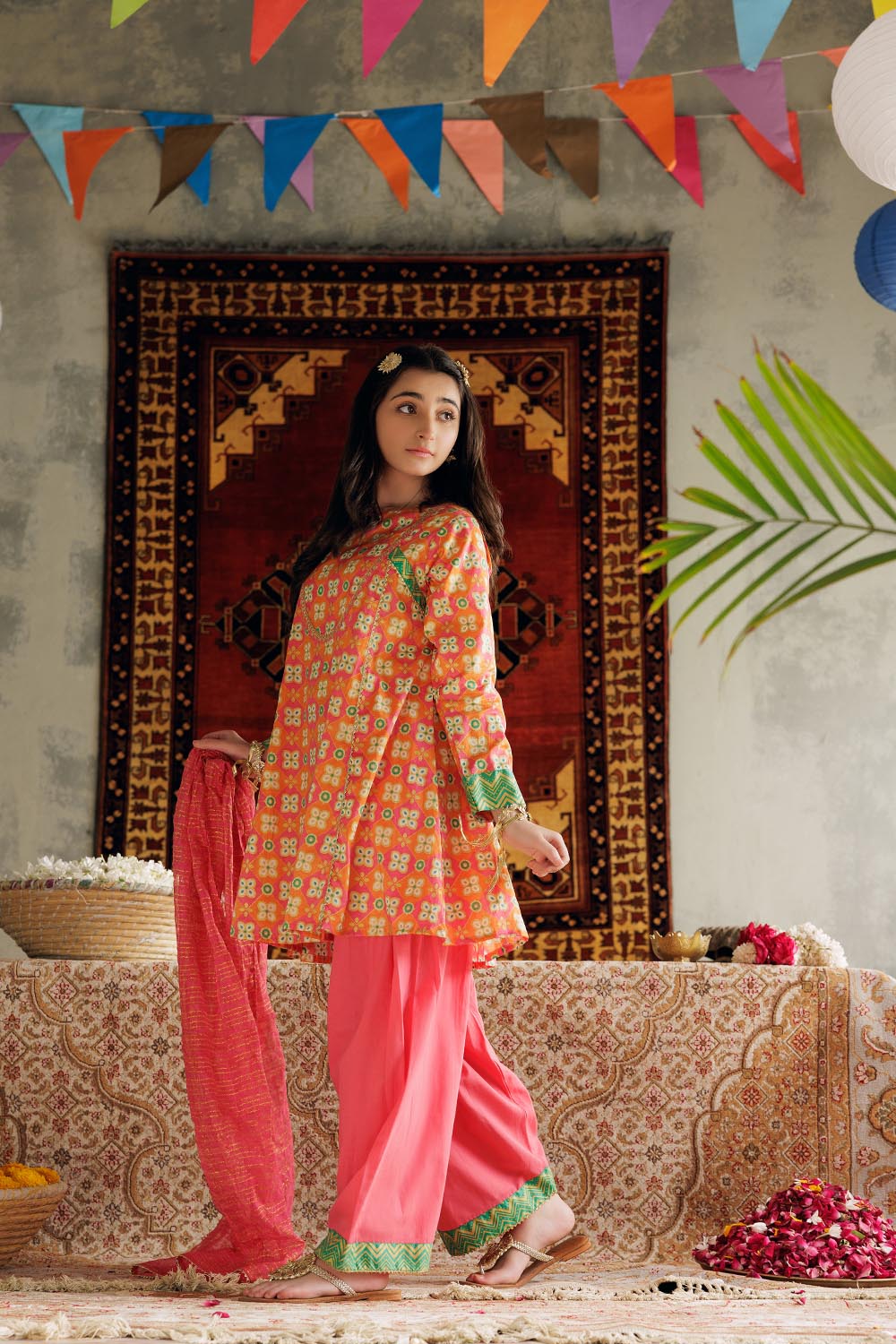 GBD-02983 | Multicolor & Gold | Casual Plus 3 Piece Suit | Cotton Gold Printed