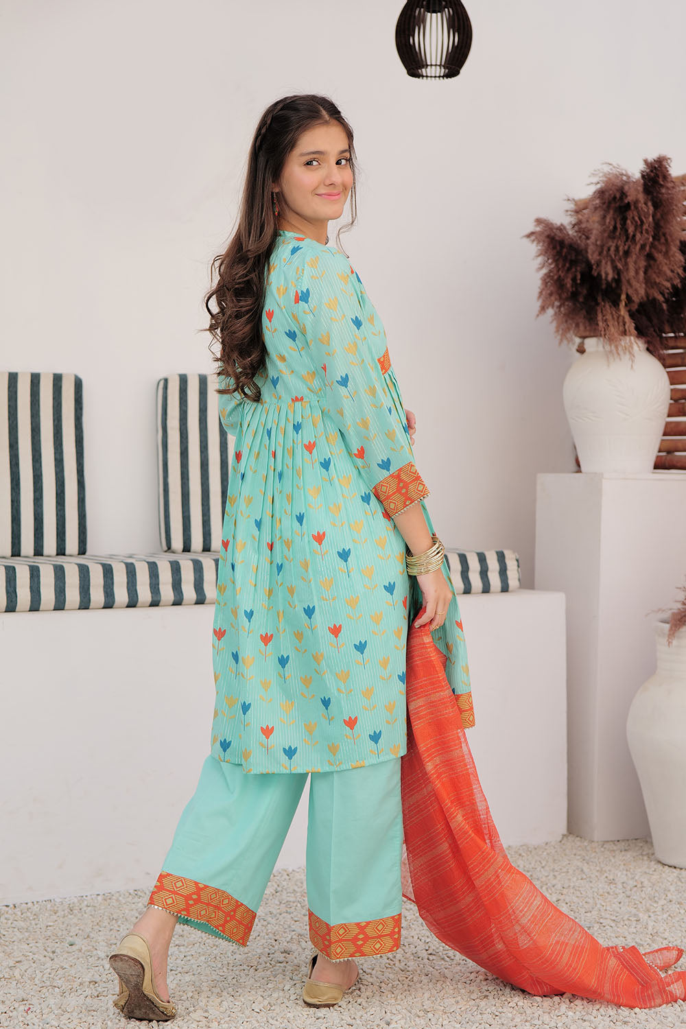 GBD-03003 | Sea Green & Muliticolor | Casual Plus 3 Piece Suit | Cotton Dobby Dye over Gold Print