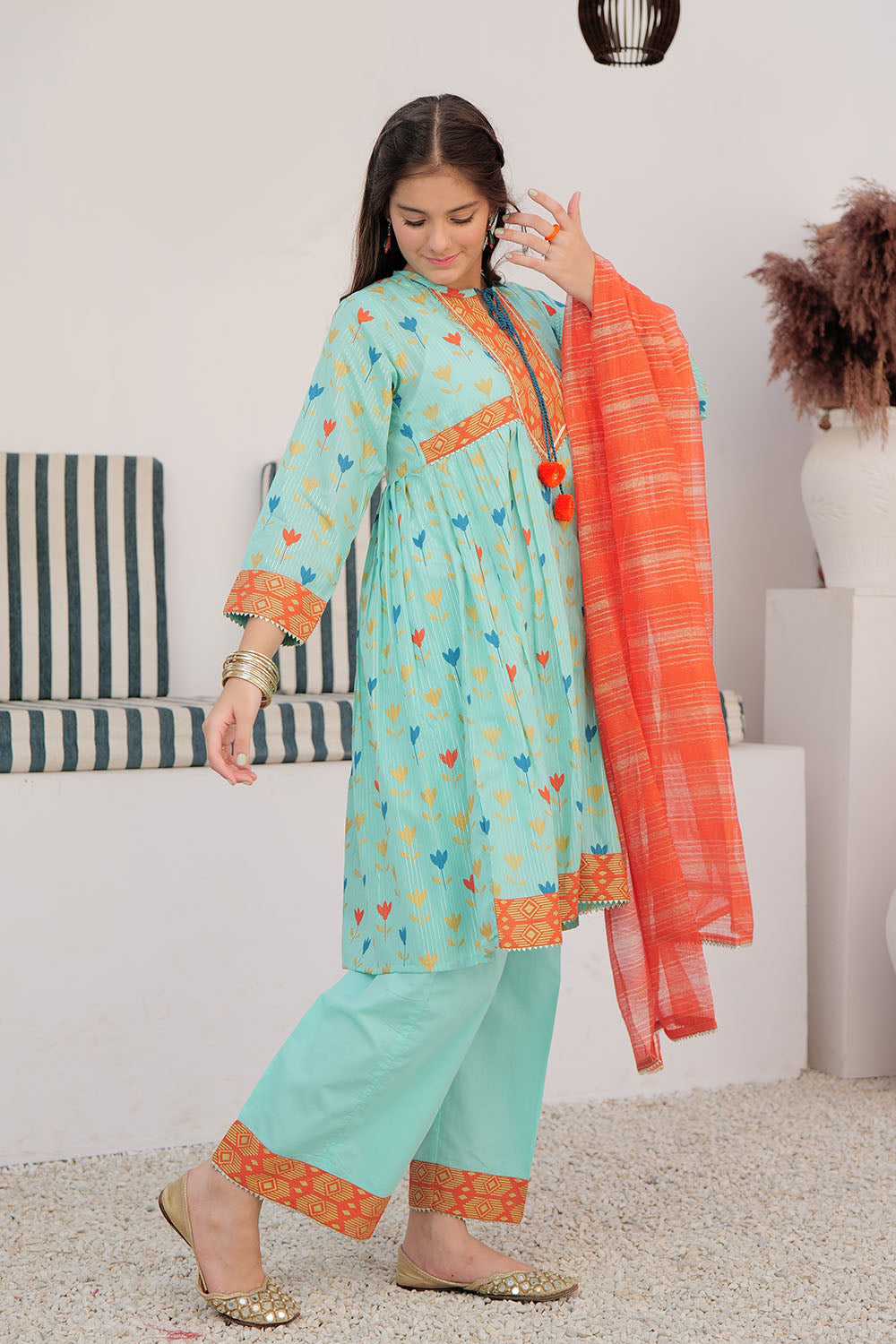 GBD-03003 | Sea Green & Muliticolor | Casual Plus 3 Piece Suit | Cotton Dobby Dye over Gold Print