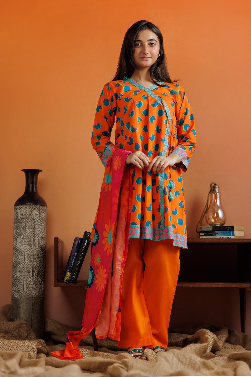 GAD-03079 | Orange & Muliticolor | Casual 3 Piece Suit | Cotton Lawn Printed