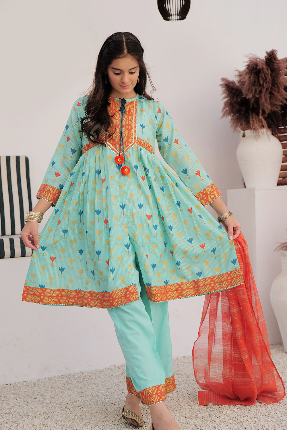 GBD-03003 | Sea Green & Muliticolor | Casual Plus 3 Piece Suit | Cotton Dobby Dye over Gold Print