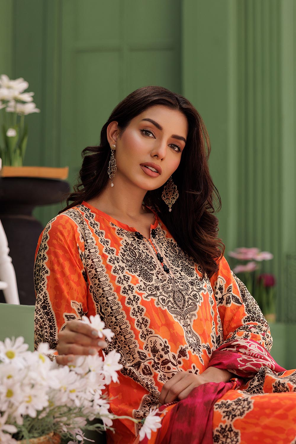 LAD-03012 | Orange & Multicolor | Casual 3 Piece Suit | Cotton  Lawn Printed