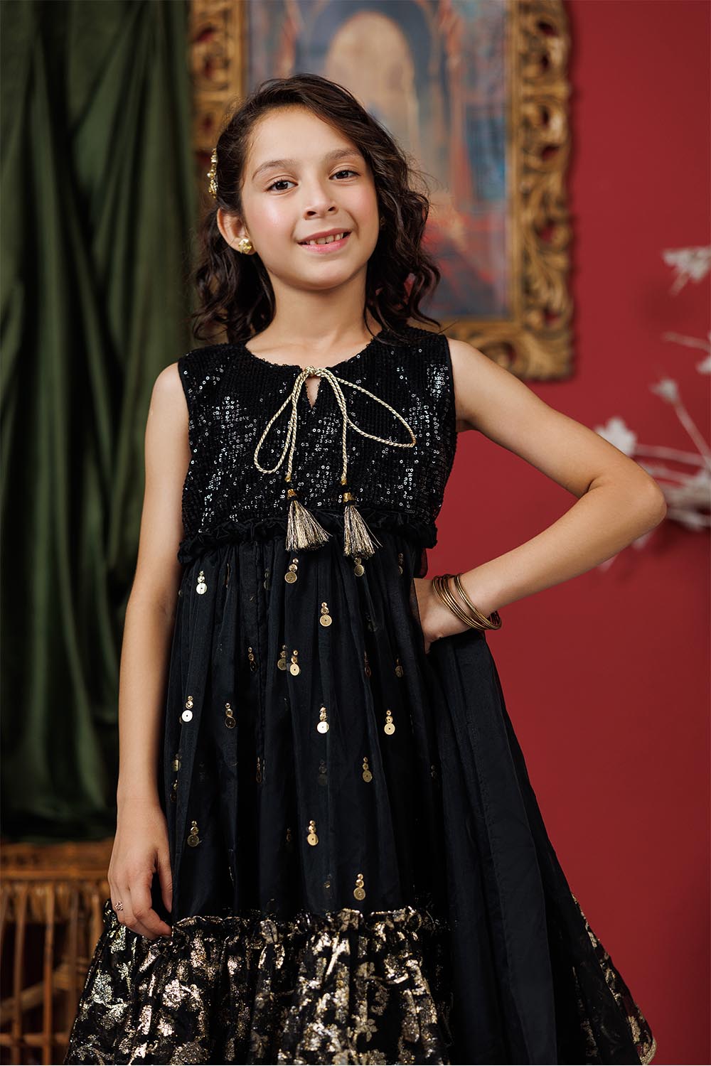 KDD-03019 | Black & Gold | Formal 3 Piece Suit | Polyester Organza Jacquard