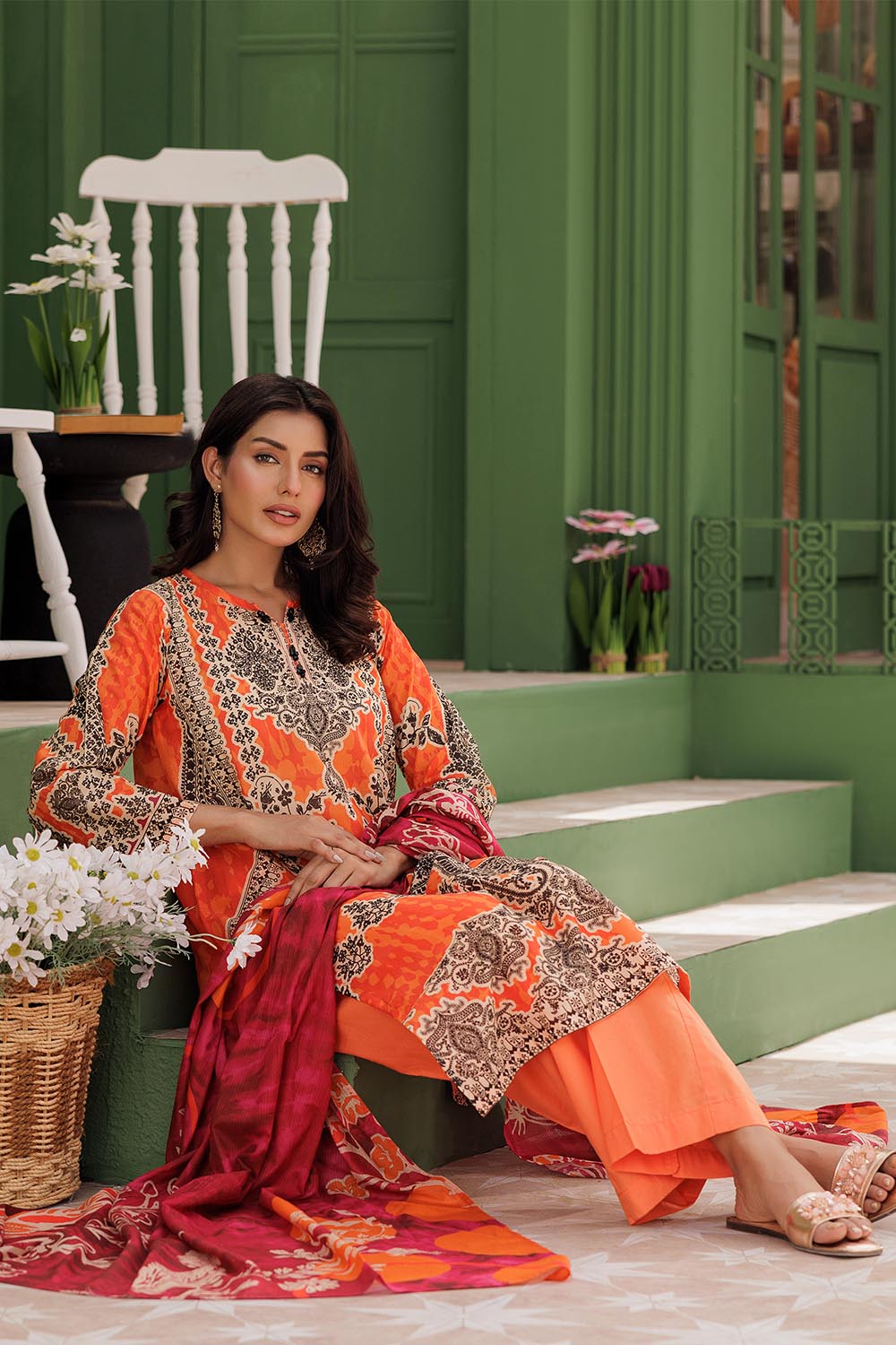 LAD-03012 | Orange & Multicolor | Casual 3 Piece Suit | Cotton  Lawn Printed