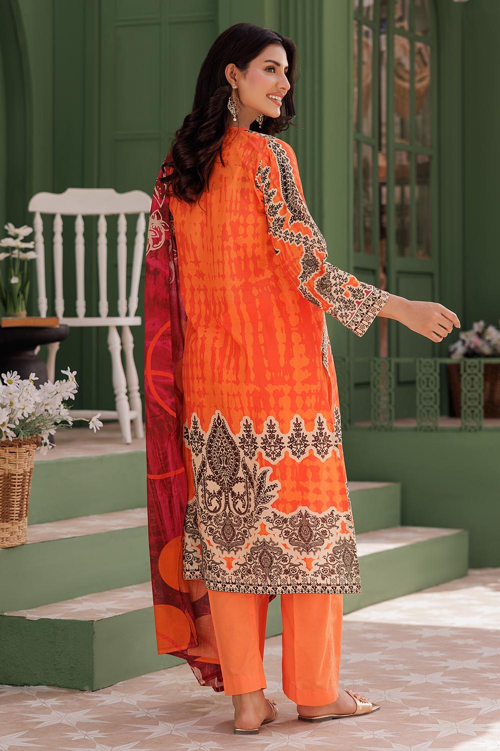 LAD-03012 | Orange & Multicolor | Casual 3 Piece Suit | Cotton  Lawn Printed