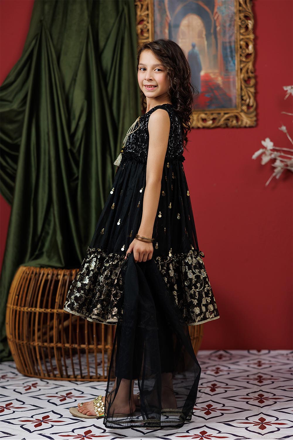 KDD-03019 | Black & Gold | Formal 3 Piece Suit | Polyester Organza Jacquard