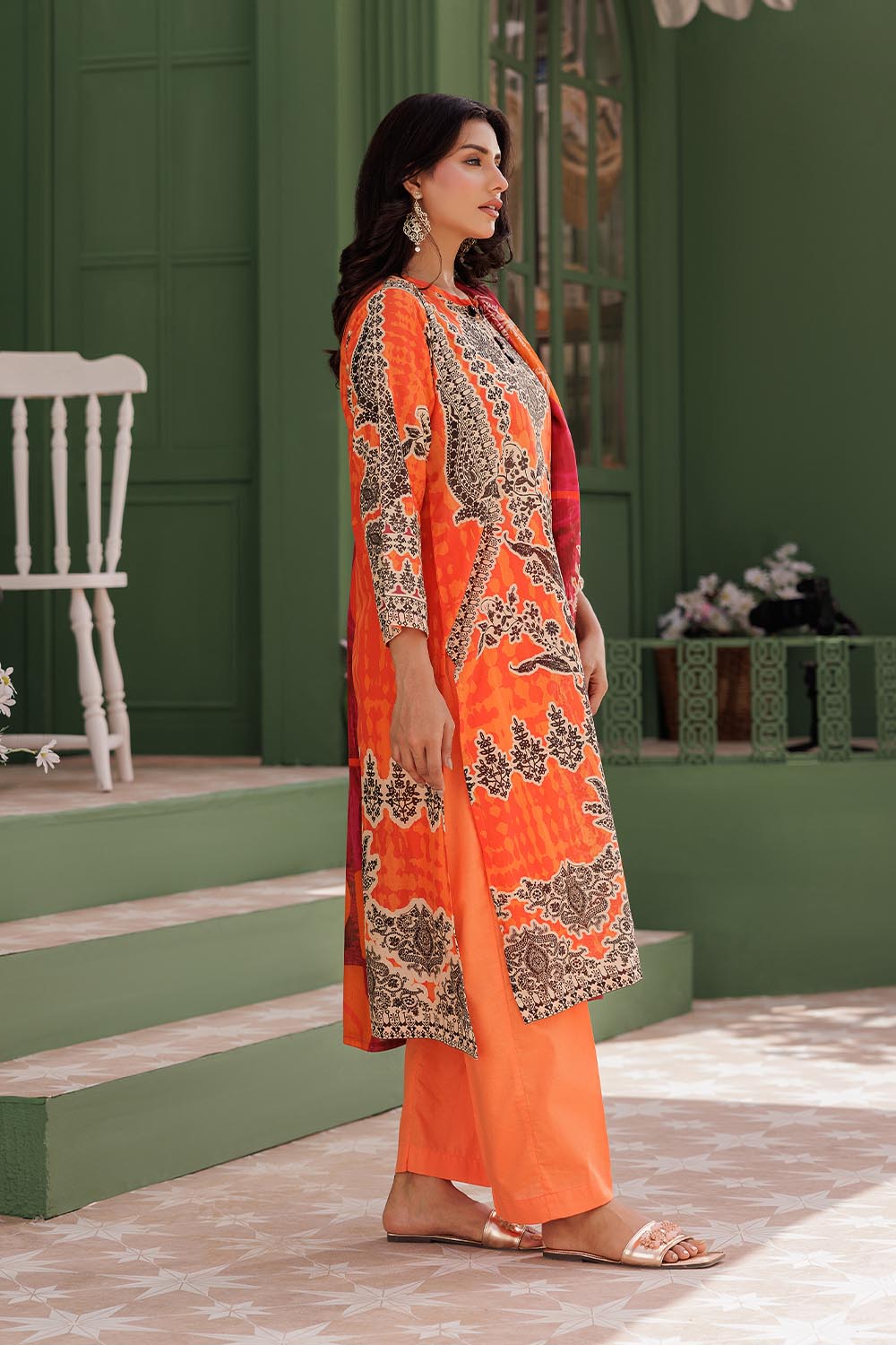 LAD-03012 | Orange & Multicolor | Casual 3 Piece Suit | Cotton  Lawn Printed