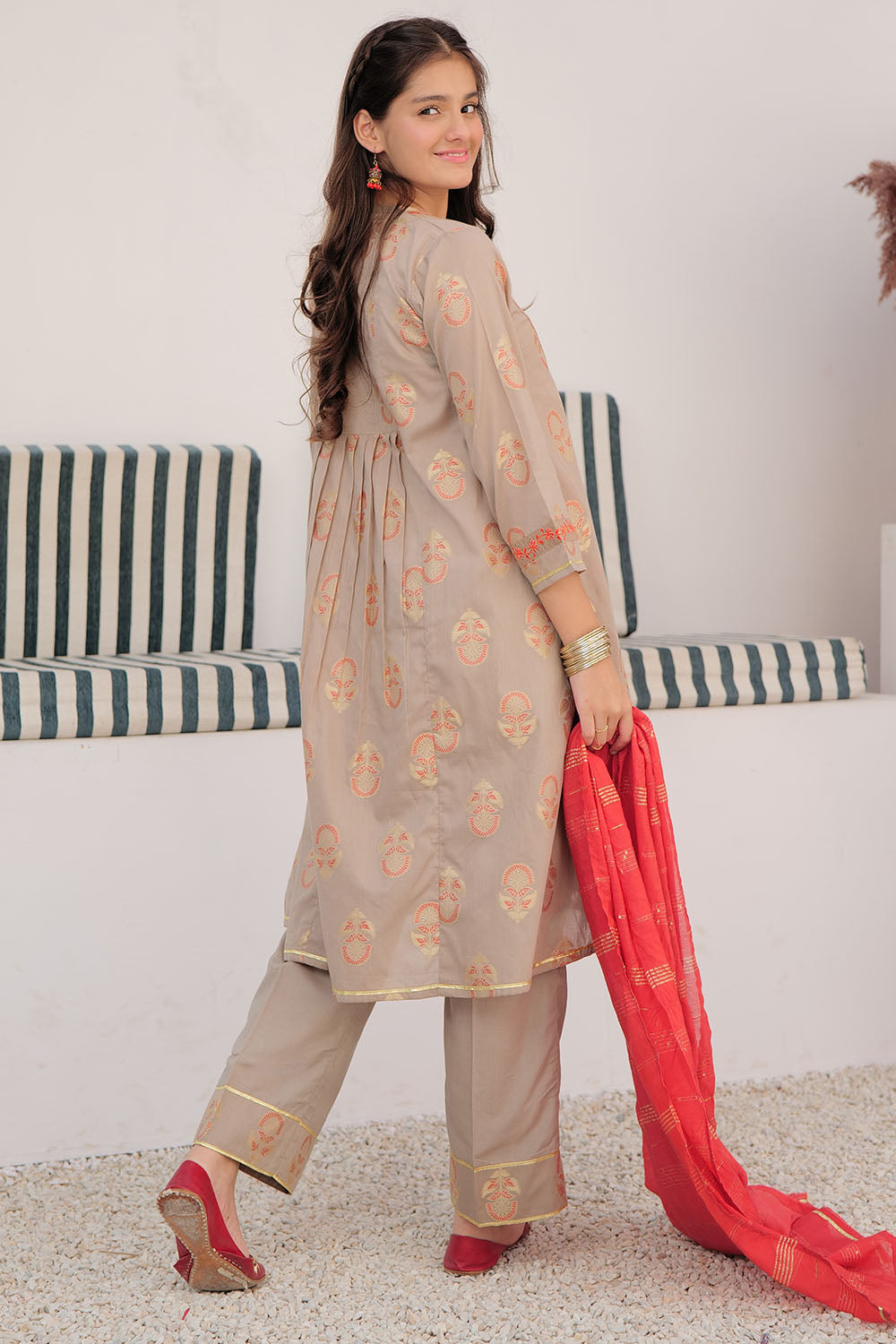 GBD-02927 | Beige & Multicolor | Casual Plus 3 Piece Suit | Cotton Jacquard