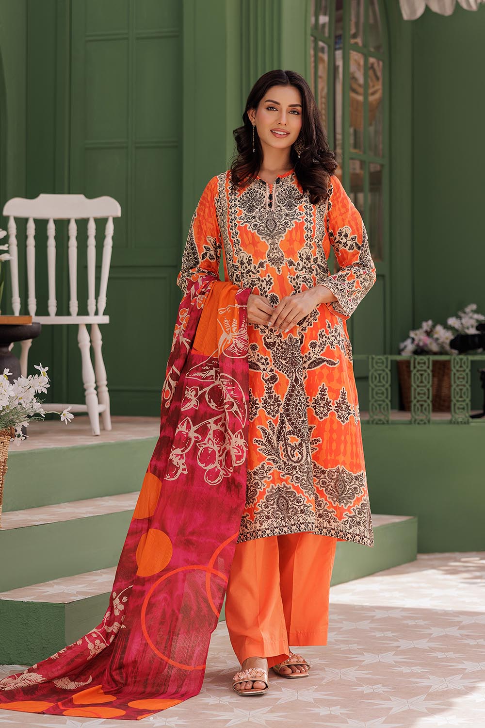 LAD-03012 | Orange & Multicolor | Casual 3 Piece Suit | Cotton  Lawn Printed