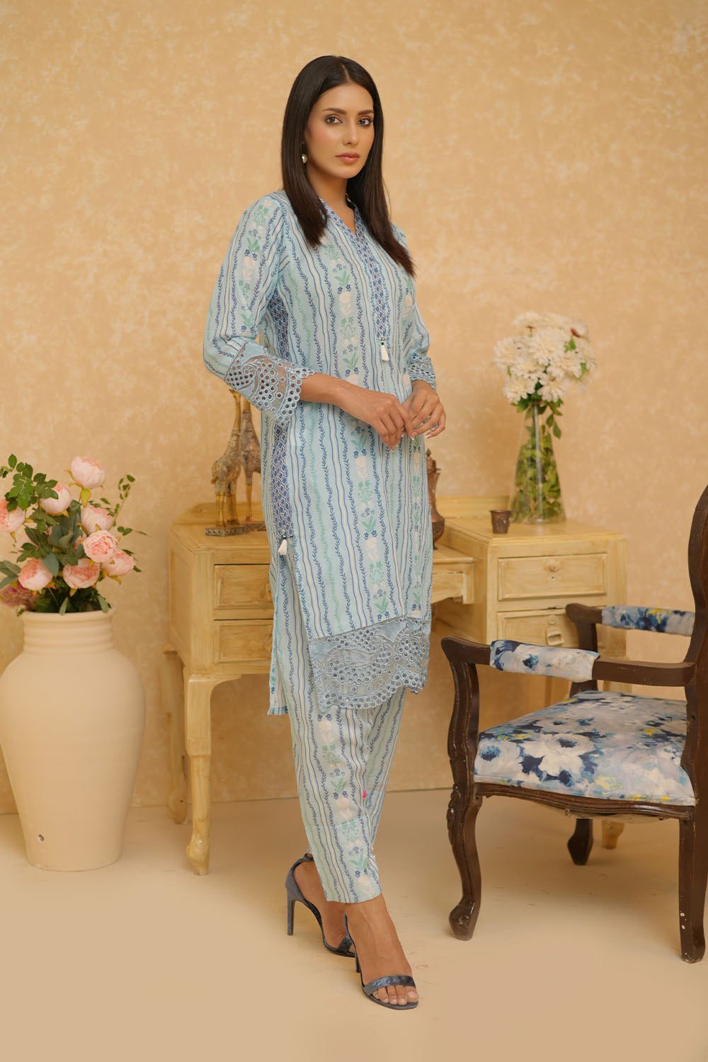 LAC-02835 | Light Blue & Multicolor | Casual 2 Piece Suit | Cotton Dobby Print
