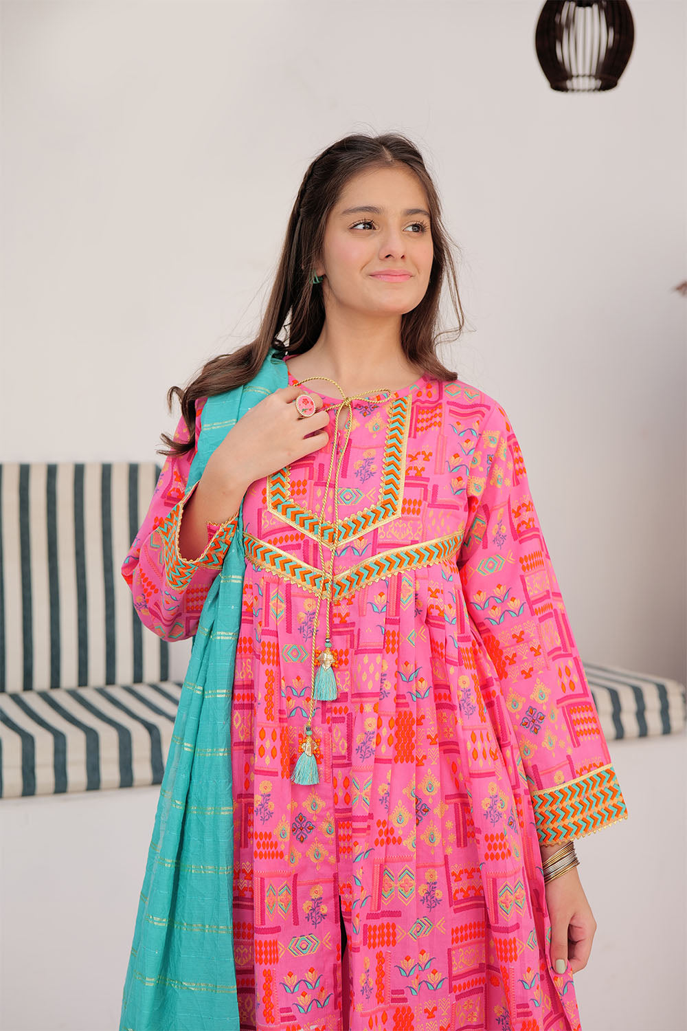 GBD-03034 | Shocking Pink & Multicolor | Casual Plus 3 Piece Suit | Cotton Gold Lawn Printed