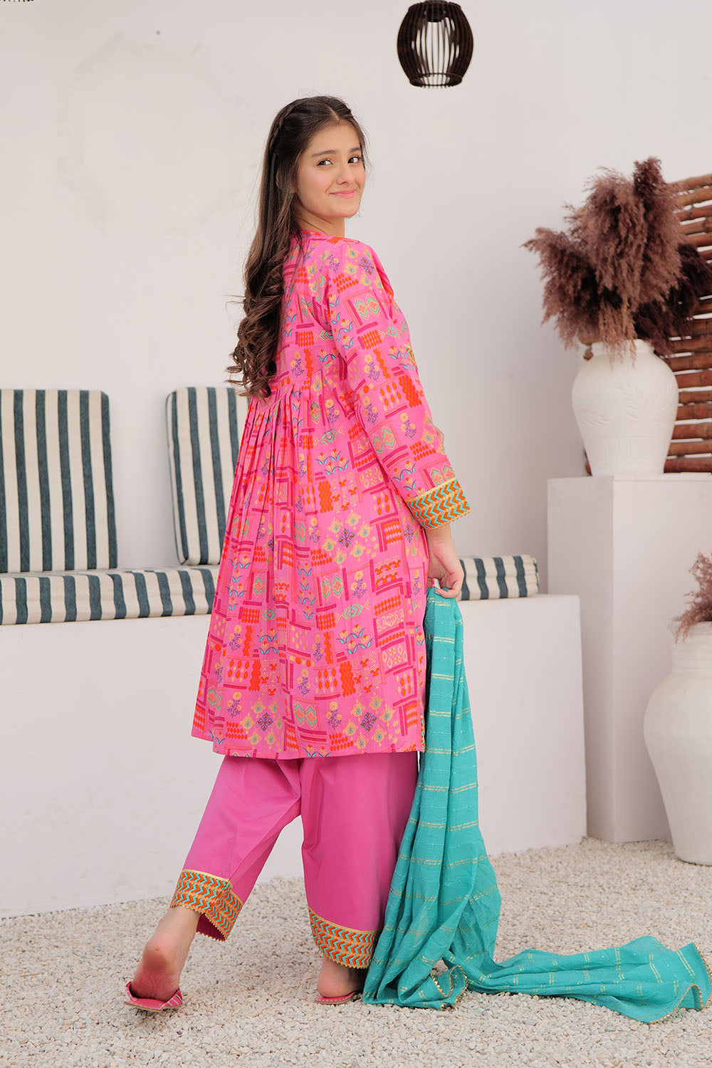 GBD-03034 | Shocking Pink & Multicolor | Casual Plus 3 Piece Suit | Cotton Gold Lawn Printed